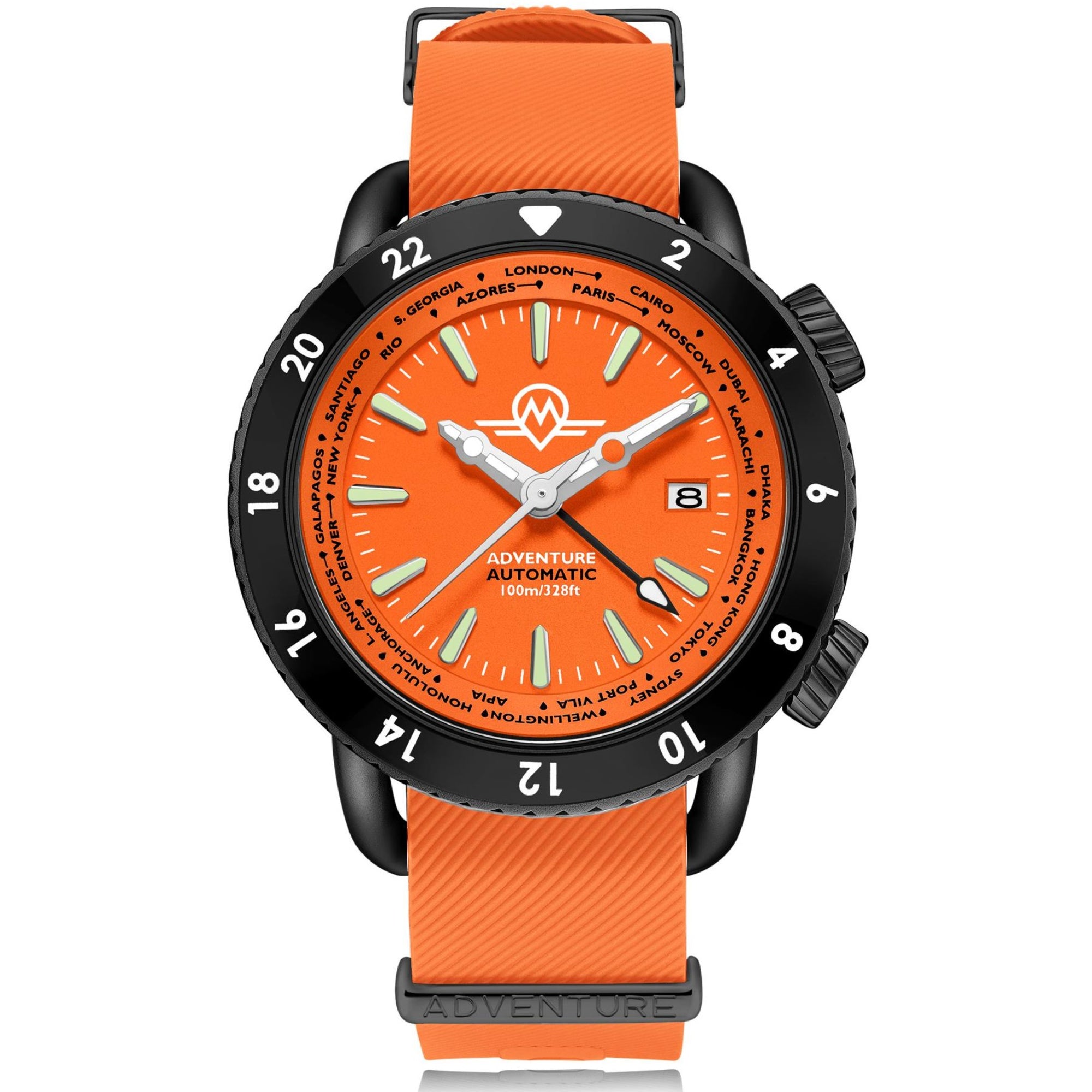 Monro Adventure Automatic Night Fire orange dial watch with orange strap MA-7 front view