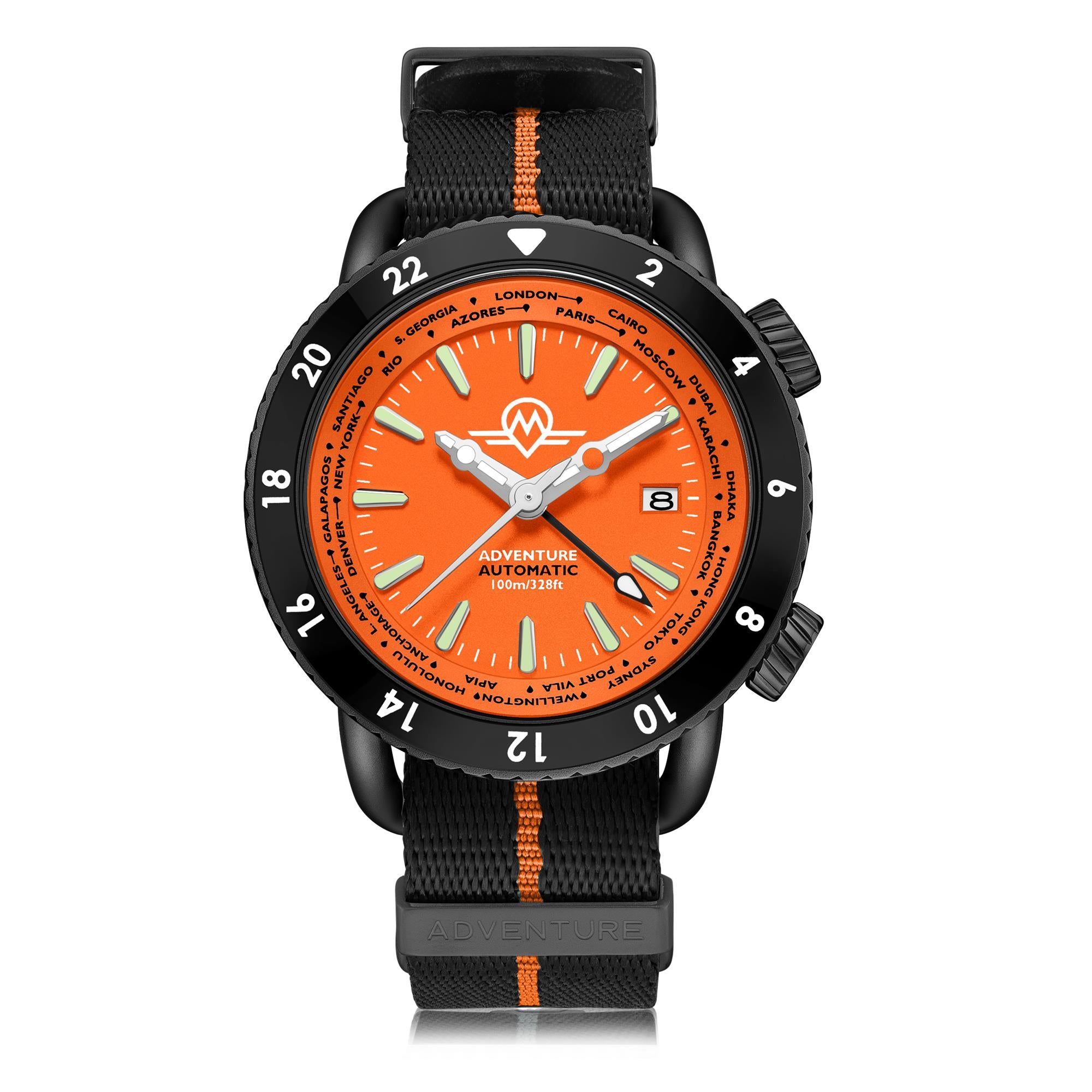 Monro Adventure Automatic Night Fire orange dial watch with black and orange nylon strap front view