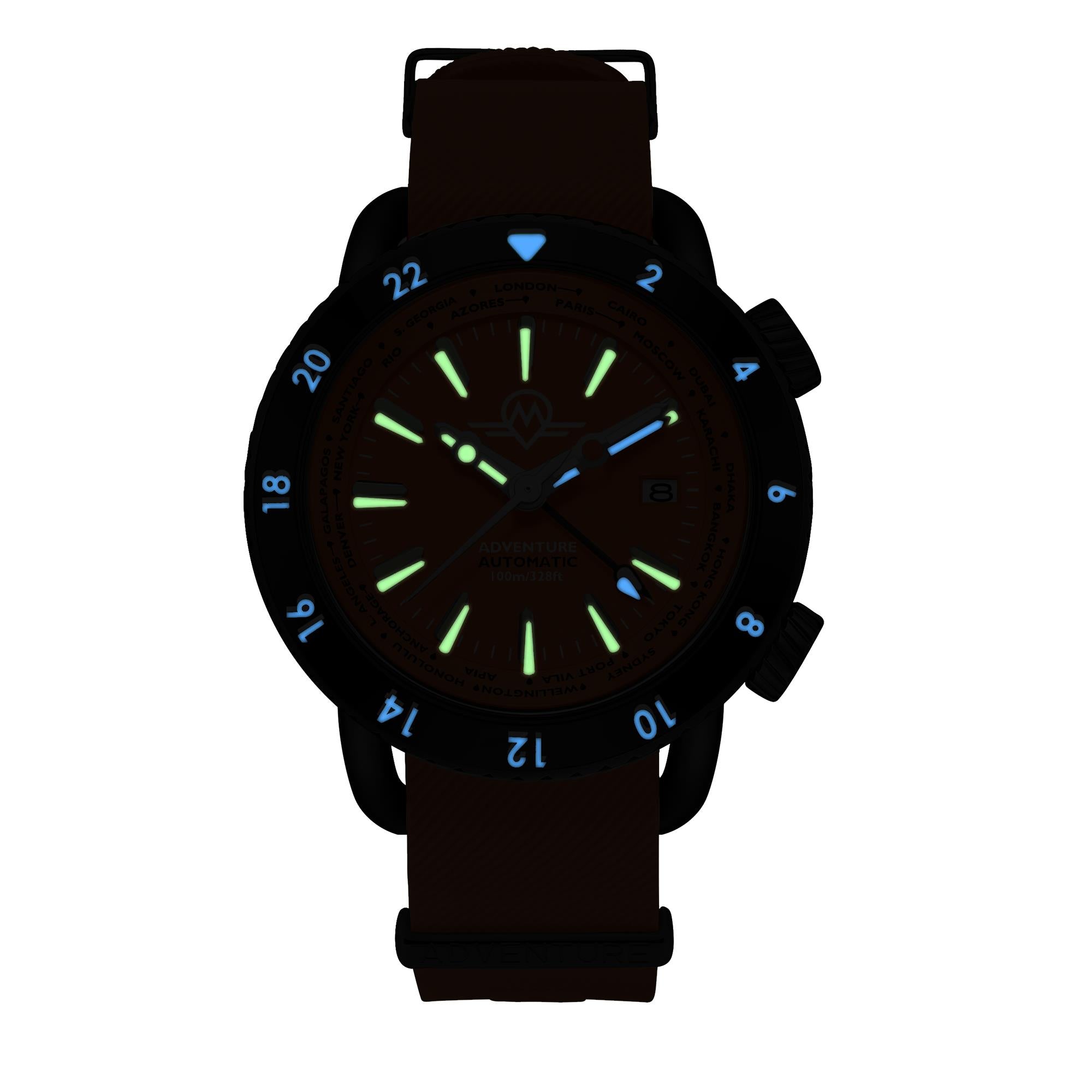 Monro Adventure Night Fire MA-7 luminous dial, hands, and bezel glowing in the dark front view