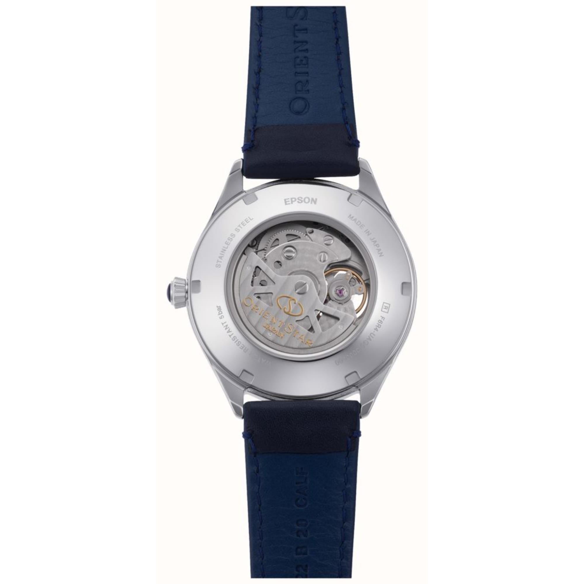 Orient Star Semi Skeleton 40mm Ex-Display Power Reserve Blue Dial Leather Mens Automatic Watch RE-AT0203L00B-EX