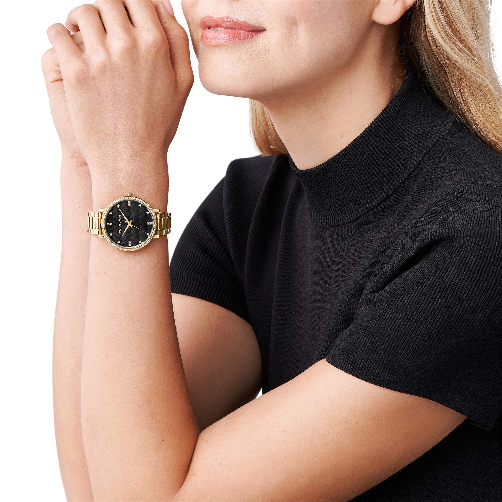 Michael Kors Pyper Gold-Ton Armband Schwarzes Zifferblatt Damen Uhr MK4593