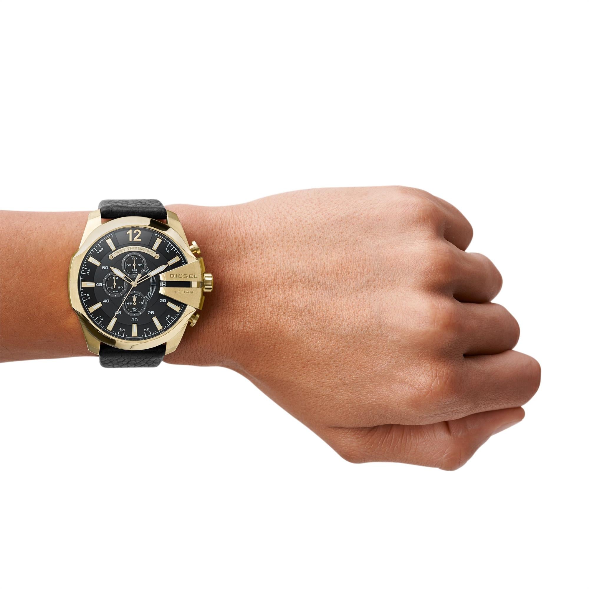 Diesel Mega Chief 51mm Chronograph Black Dial Leather Mens Quartz Watch DZ4344