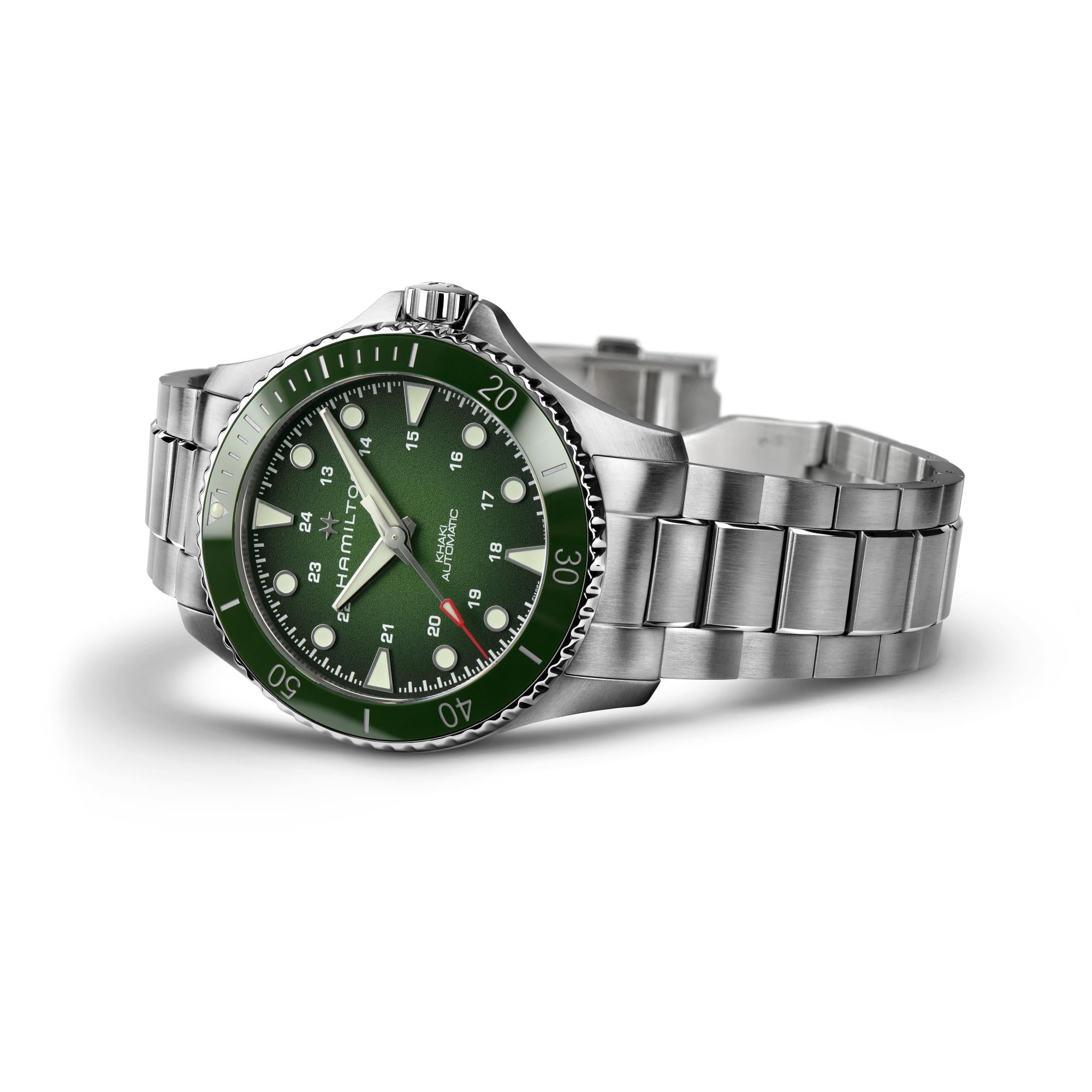 Hamilton Khaki Navy H82525160 gradient green dial with luminous applied indices close-up