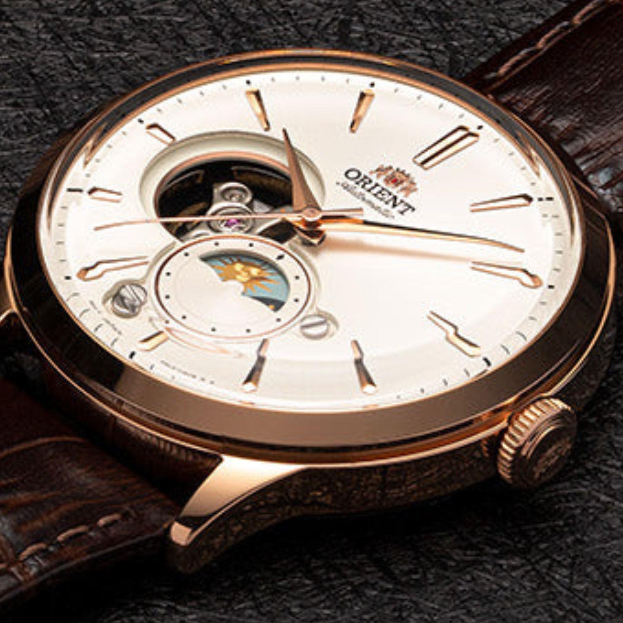 Orient Sun & Moon 42mm White Dial Leather Mens Automatic Watch RA-AS0102S30B