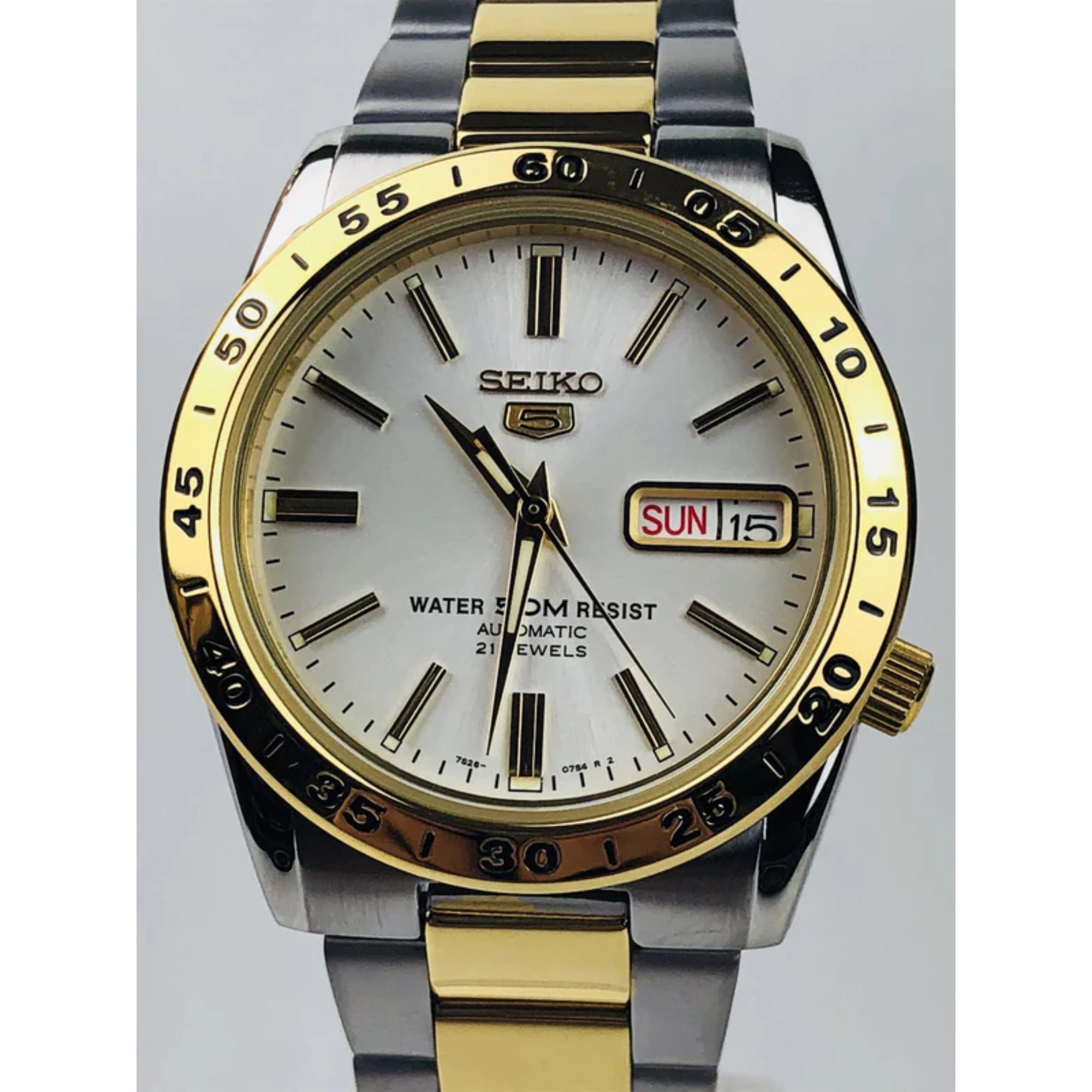 Seiko 5 Automatik Weißes Zifferblatt Zweifarbig Gold/Silber Edelstahl Herrenarmbanduhr SNKE04K1