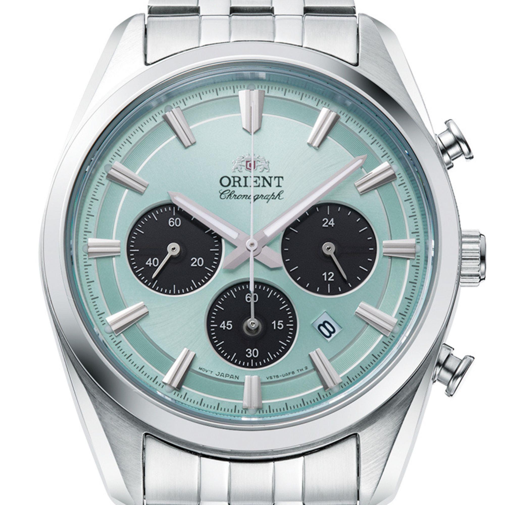 Orient Stretto 40mm Chronograph Blue Dial Steel Mens Solar Watch RA-TX0304L10B