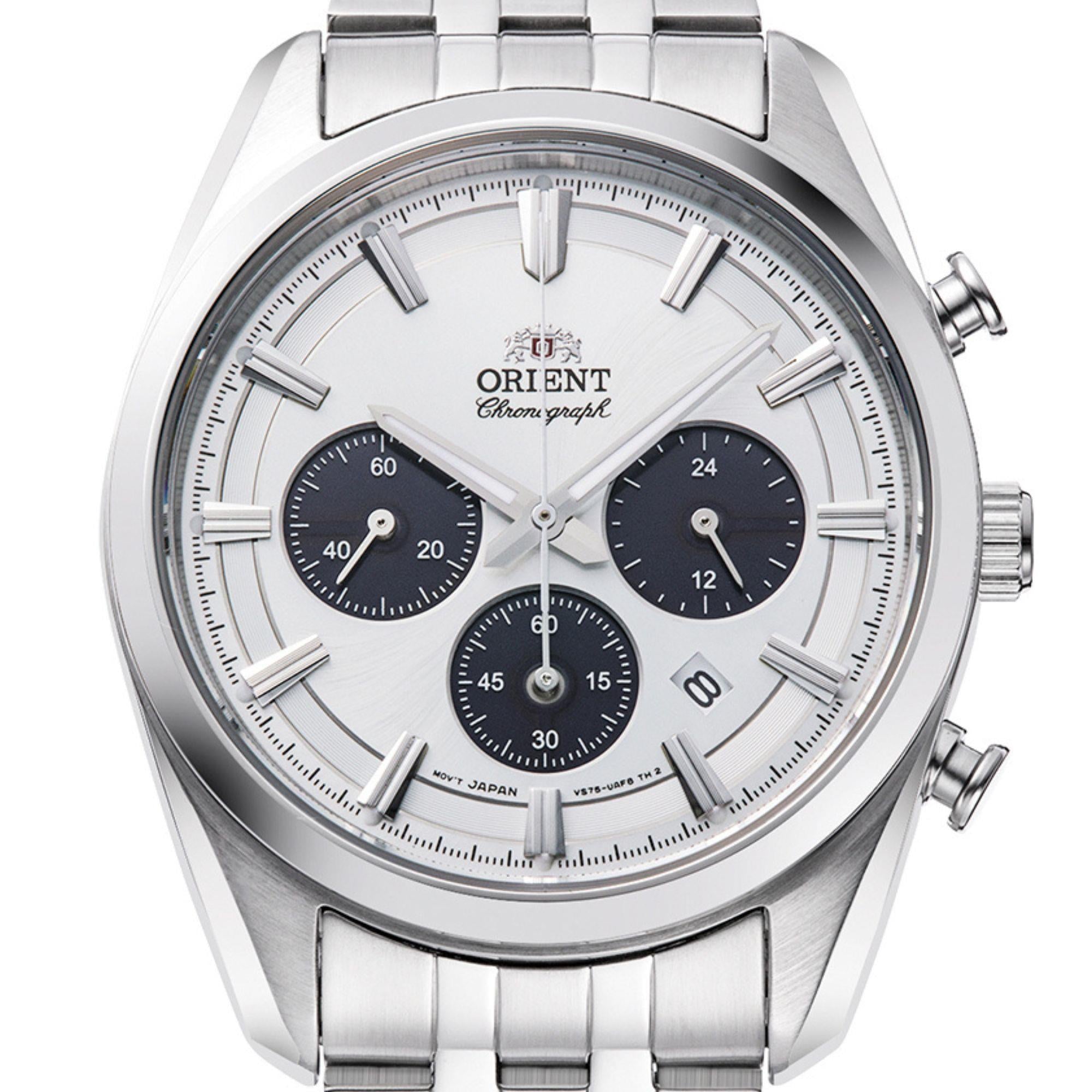 Orient Stretto 40mm Chronograph White Dial Steel Mens Solar Watch RA-TX0305S10B