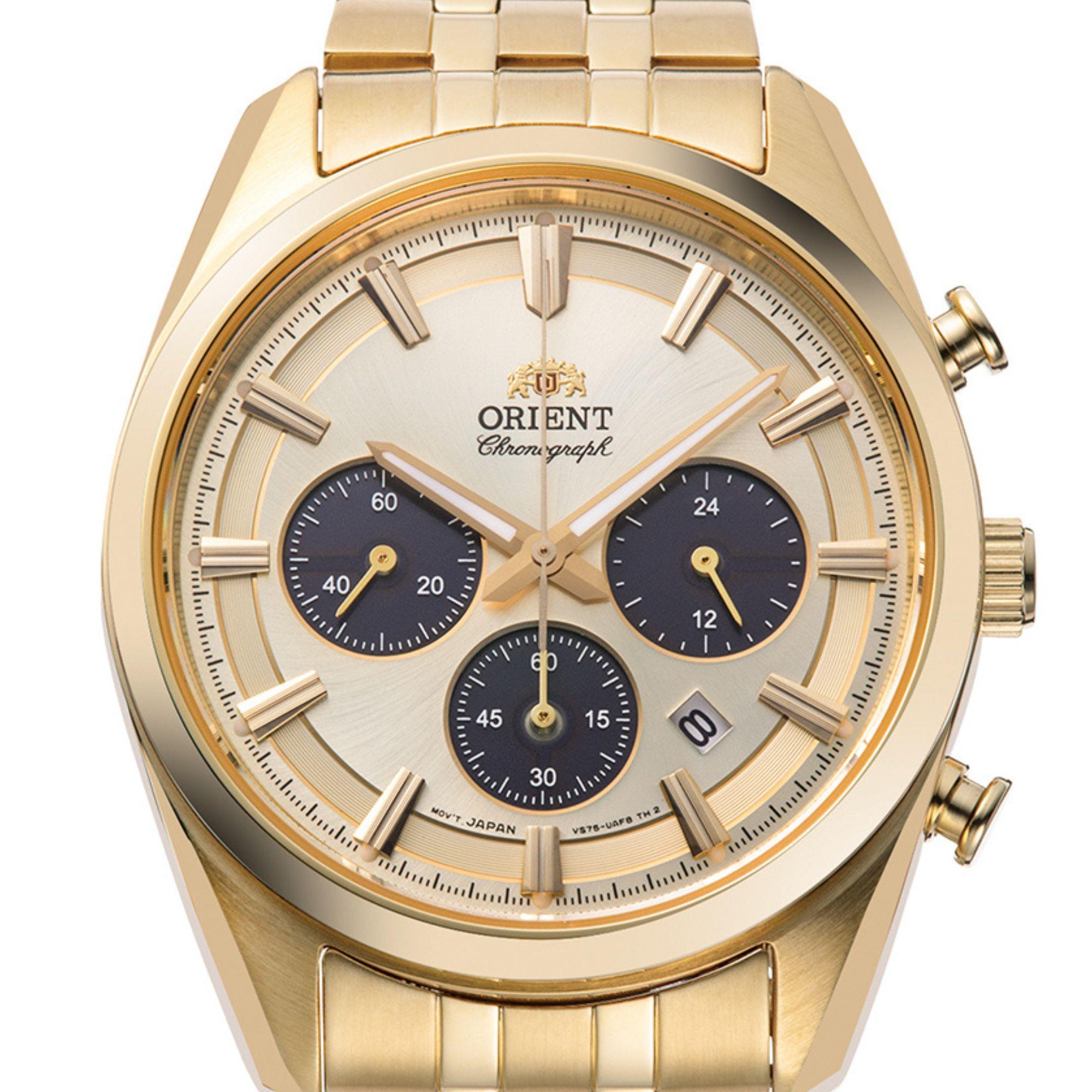 Orient Stretto 40mm Chronograph Champagne Dial Steel Mens Solar Watch RA-TX0301G10B