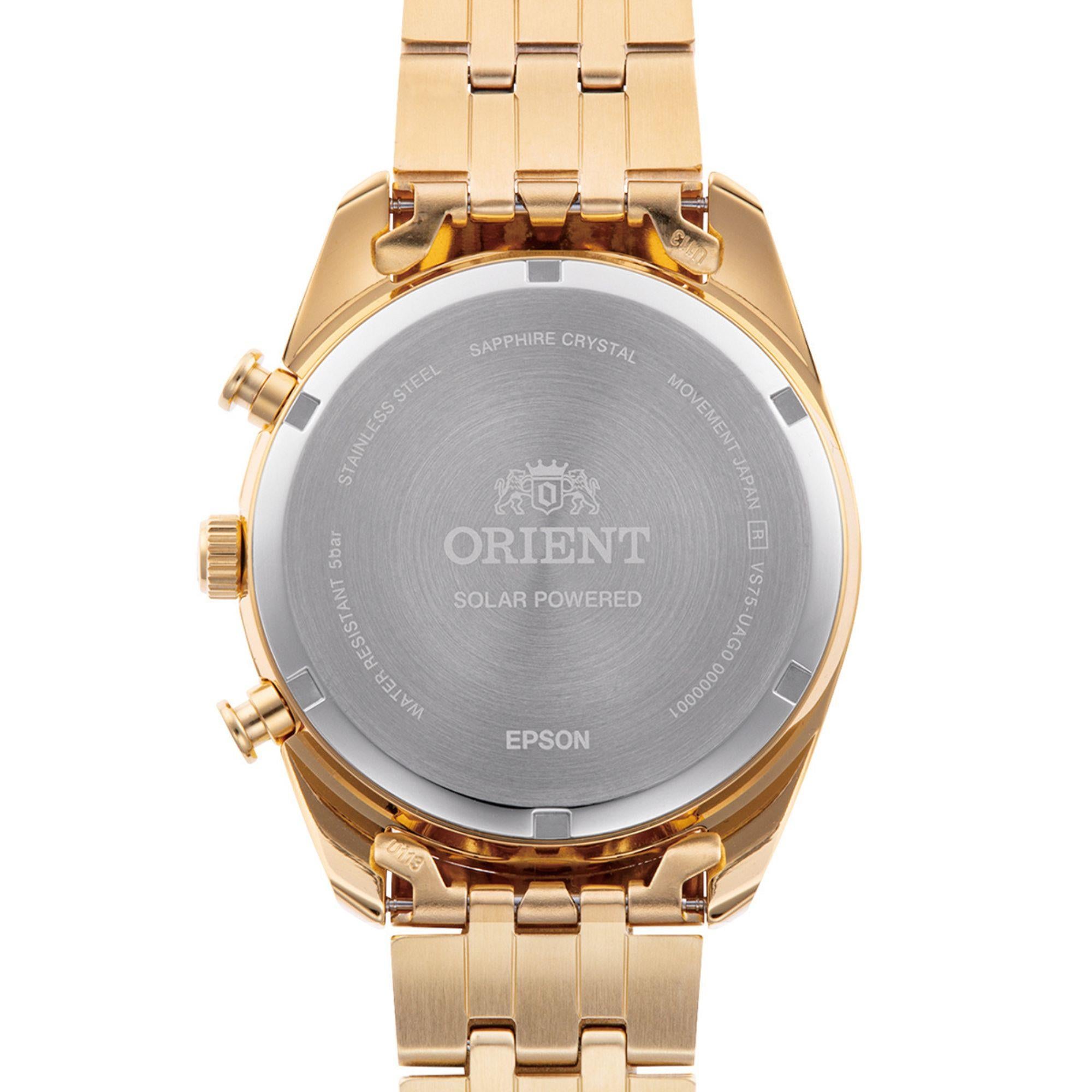 Orient Stretto 40mm Chronograph Champagne Dial Steel Mens Solar Watch RA-TX0301G10B