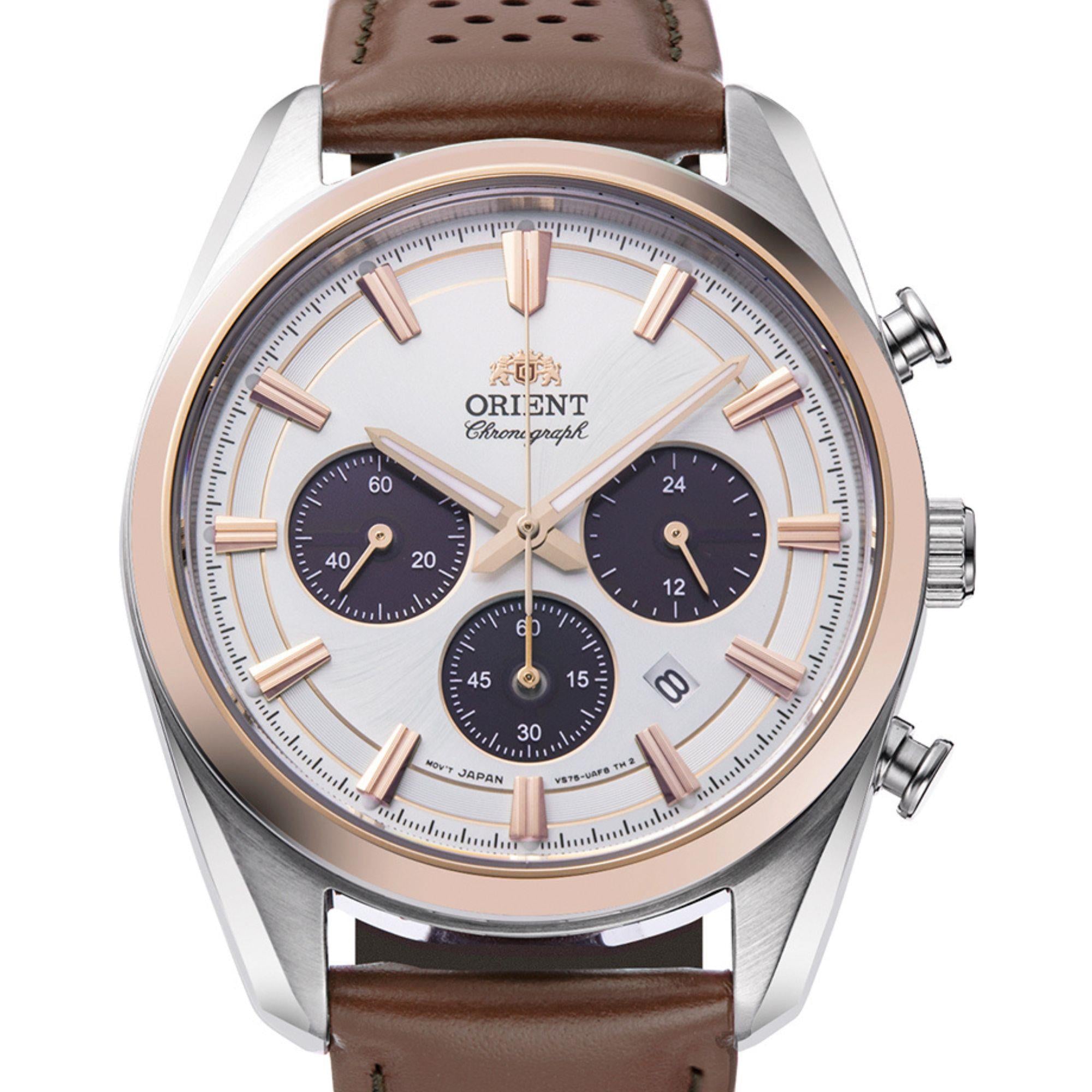 Orient Stretto 40mm Chronograph White Dial Leather Mens Solar Watch RA-TX0306S10B