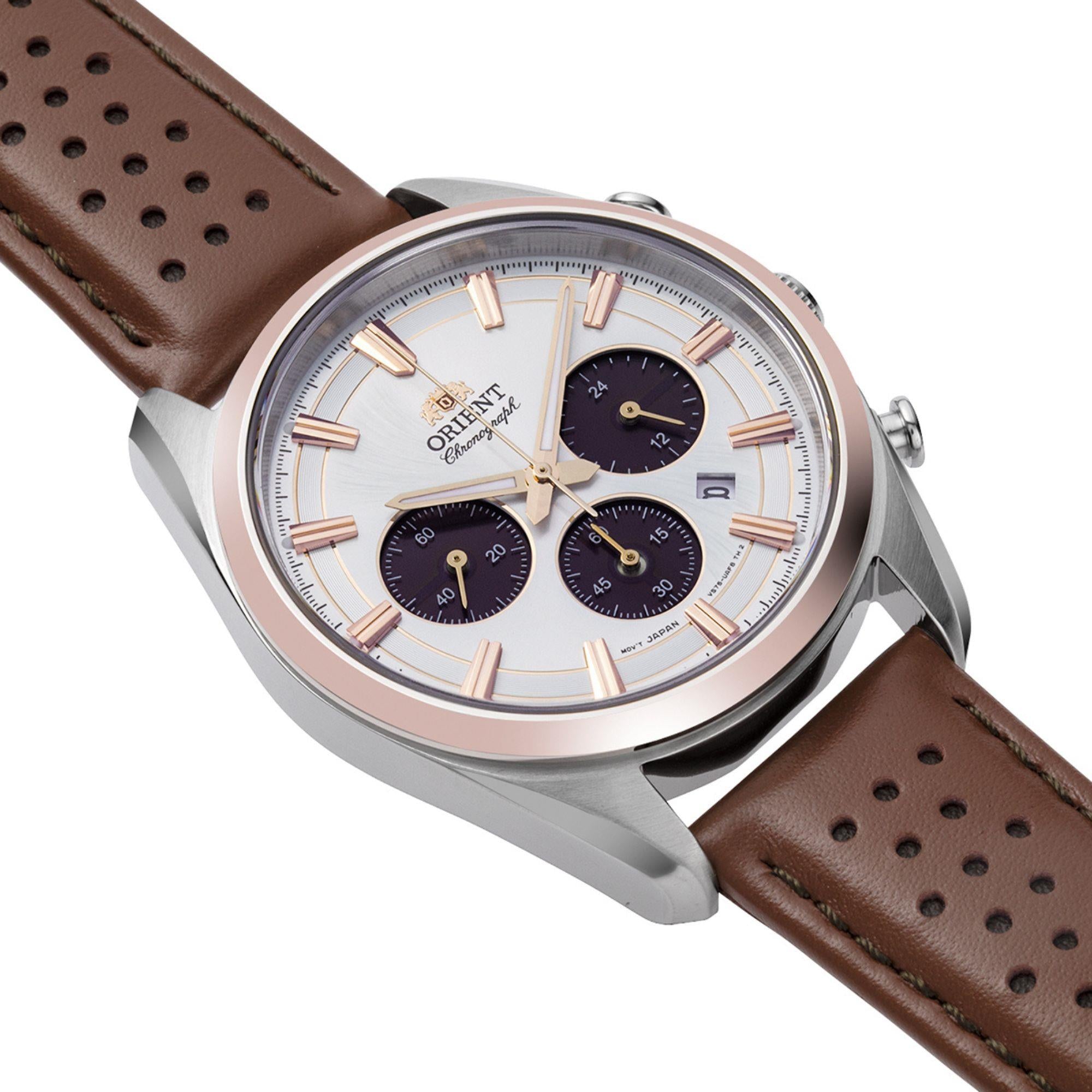 Orient Stretto 40mm Chronograph White Dial Leather Mens Solar Watch RA-TX0306S10B