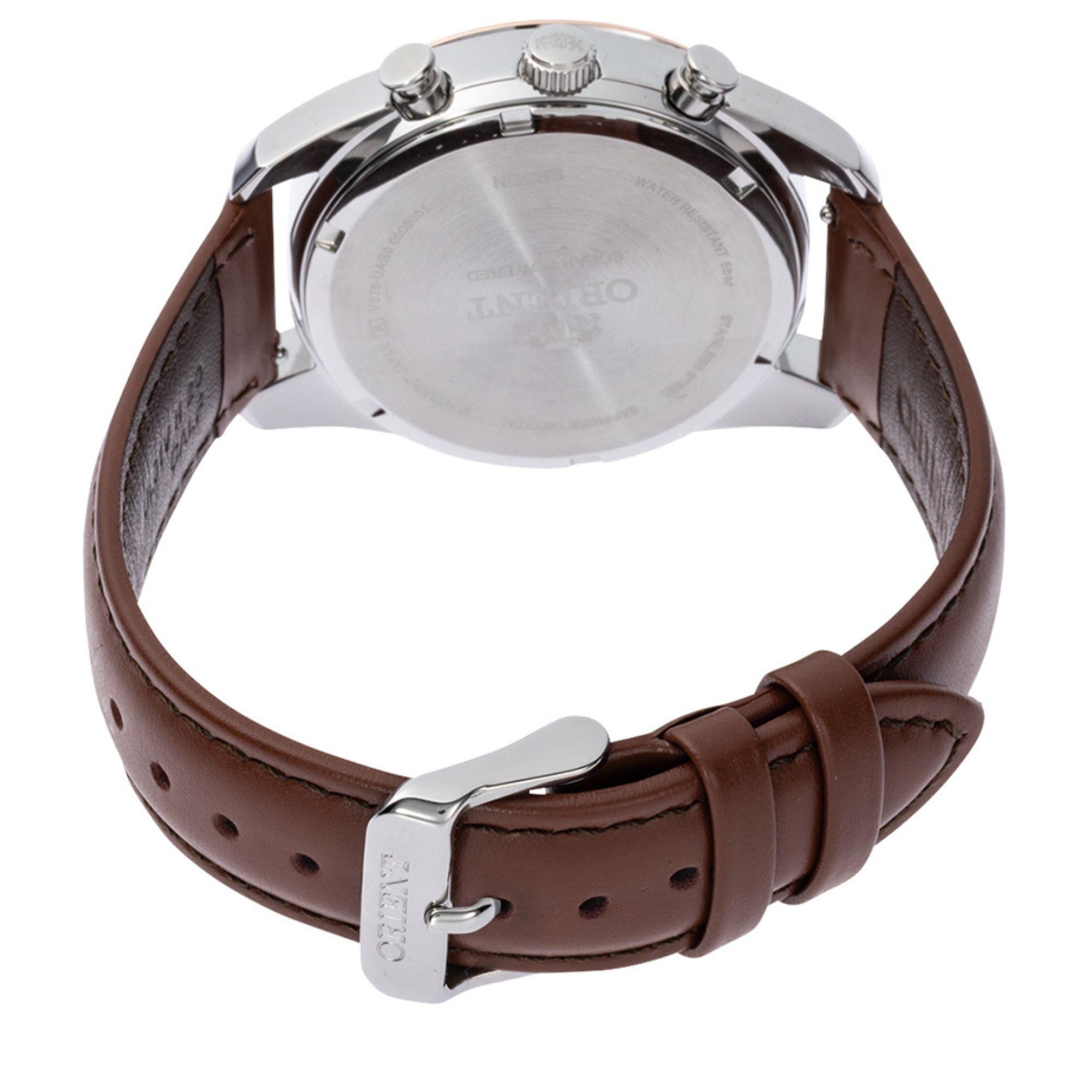 Orient Stretto 40mm Chronograph White Dial Leather Mens Solar Watch RA-TX0306S10B