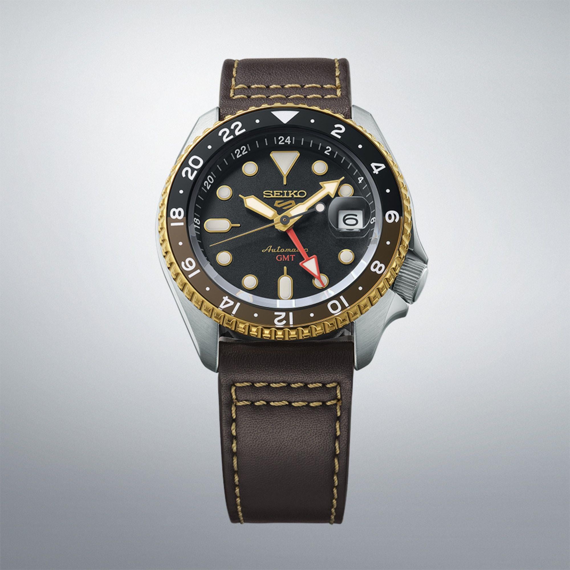 Seiko 5 Sports SKX GMT Mocha Automatik Schwarzes Zifferblatt Braunes Lederarmband Herren Uhr SSK036K1