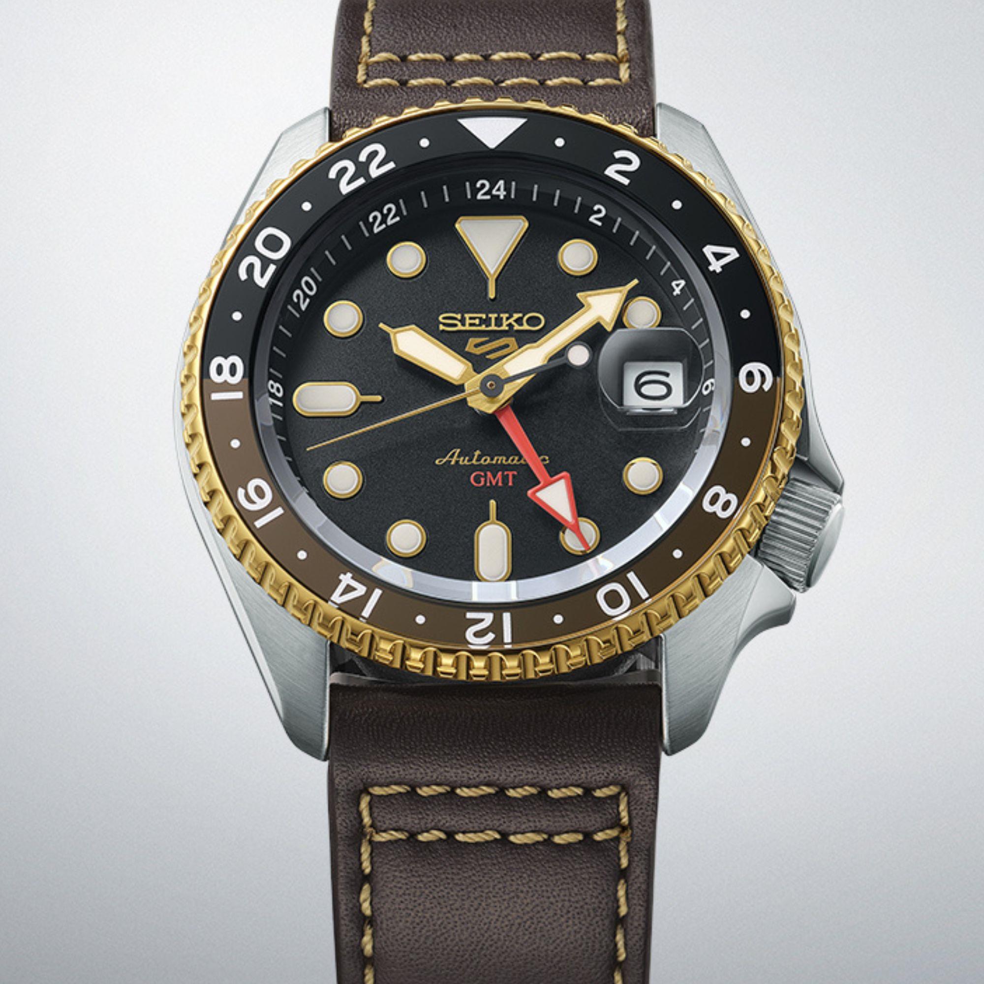 Seiko 5 Sports SKX GMT Mocha Automatik Schwarzes Zifferblatt Braunes Lederarmband Herren Uhr SSK036K1