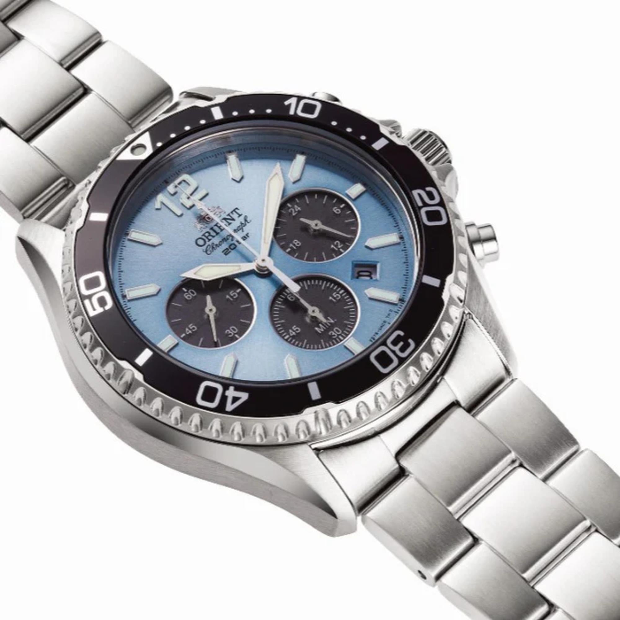 Orient Mako 43mm Chronograph Blaues Zifferblatt Stahl Herren Solar Uhr RA-TX0206L10B