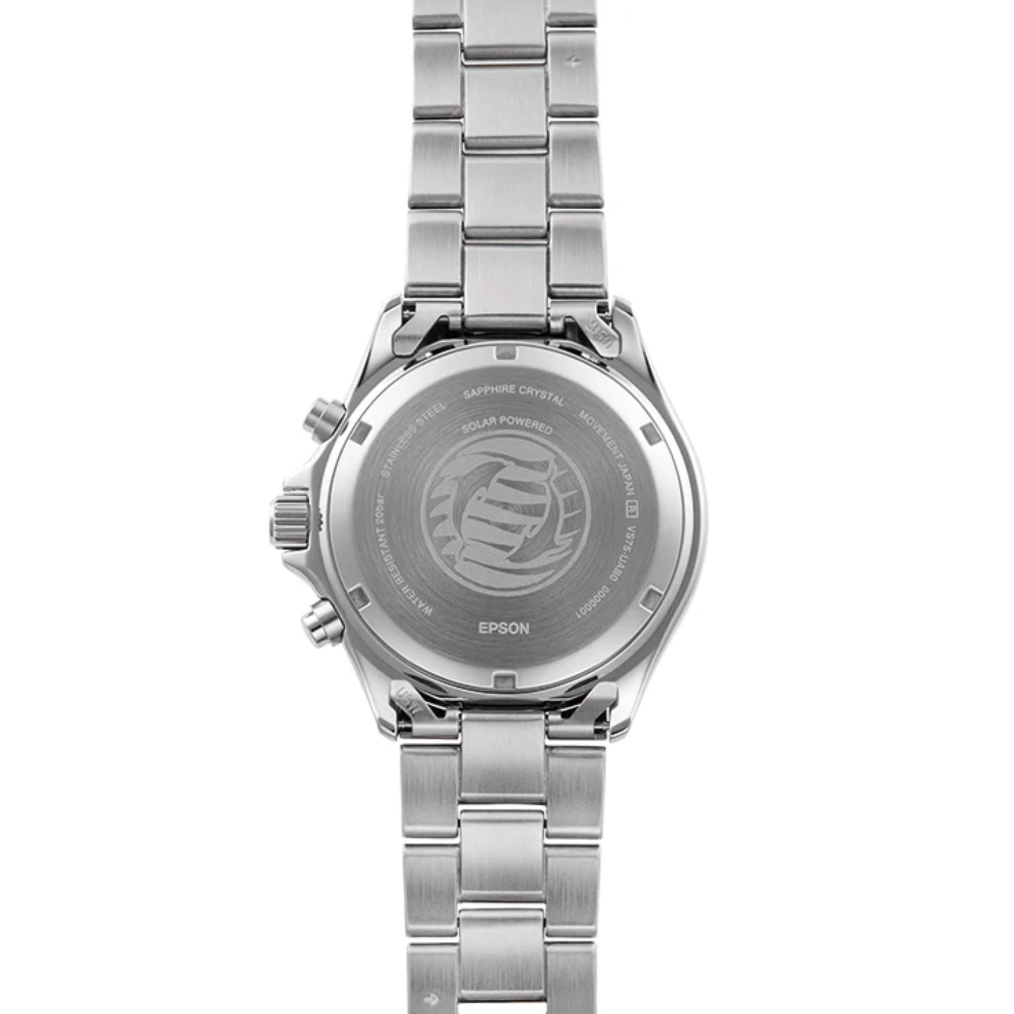 Orient RA-TX0207R10B Mako Solar watch caseback showing solar powered movement and specifications