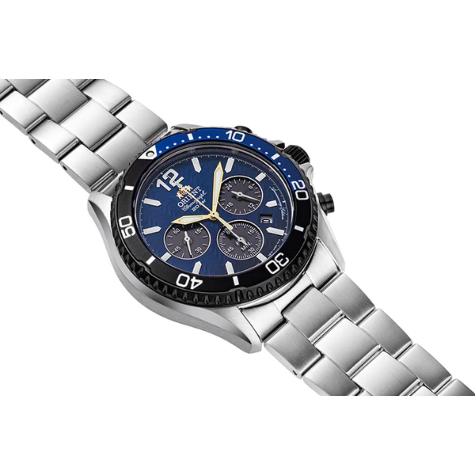 Orient Mako 42.8mm Chronograph 20th Anniversary Blue Dial Steel Mens Solar Watch RA-TX0208L10B