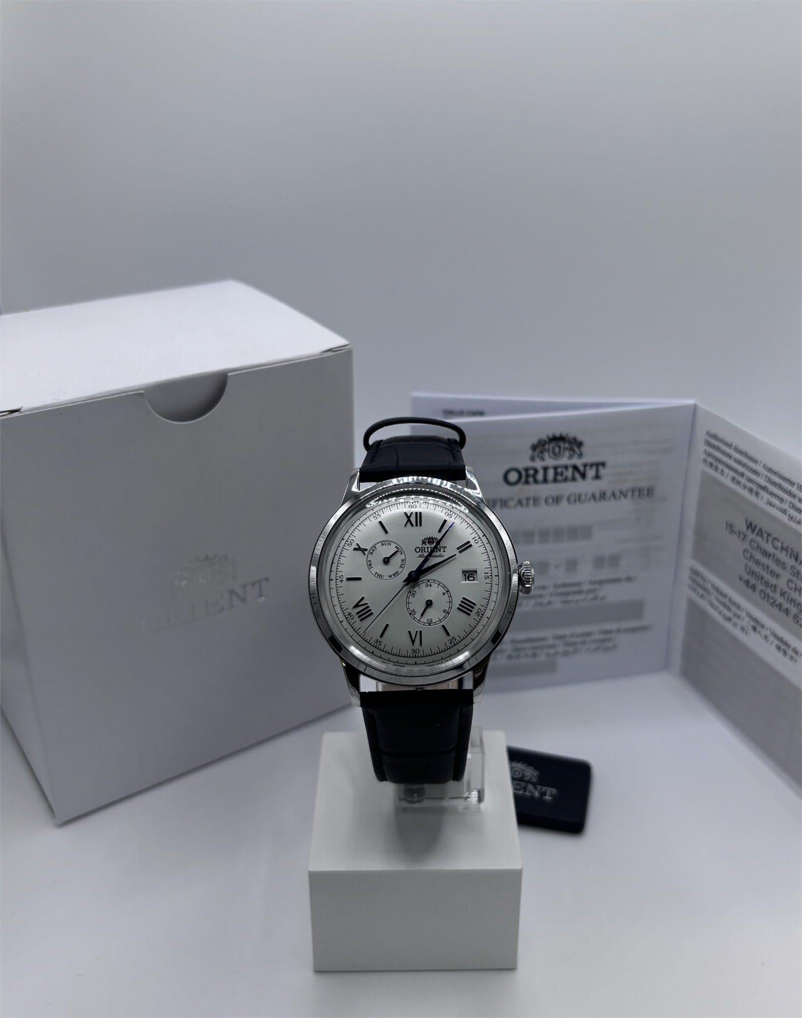 Orient Bambino Automatic Day Date Black Leather Strap Men's Watch Ex-Display RA-AK0701S30B-EX