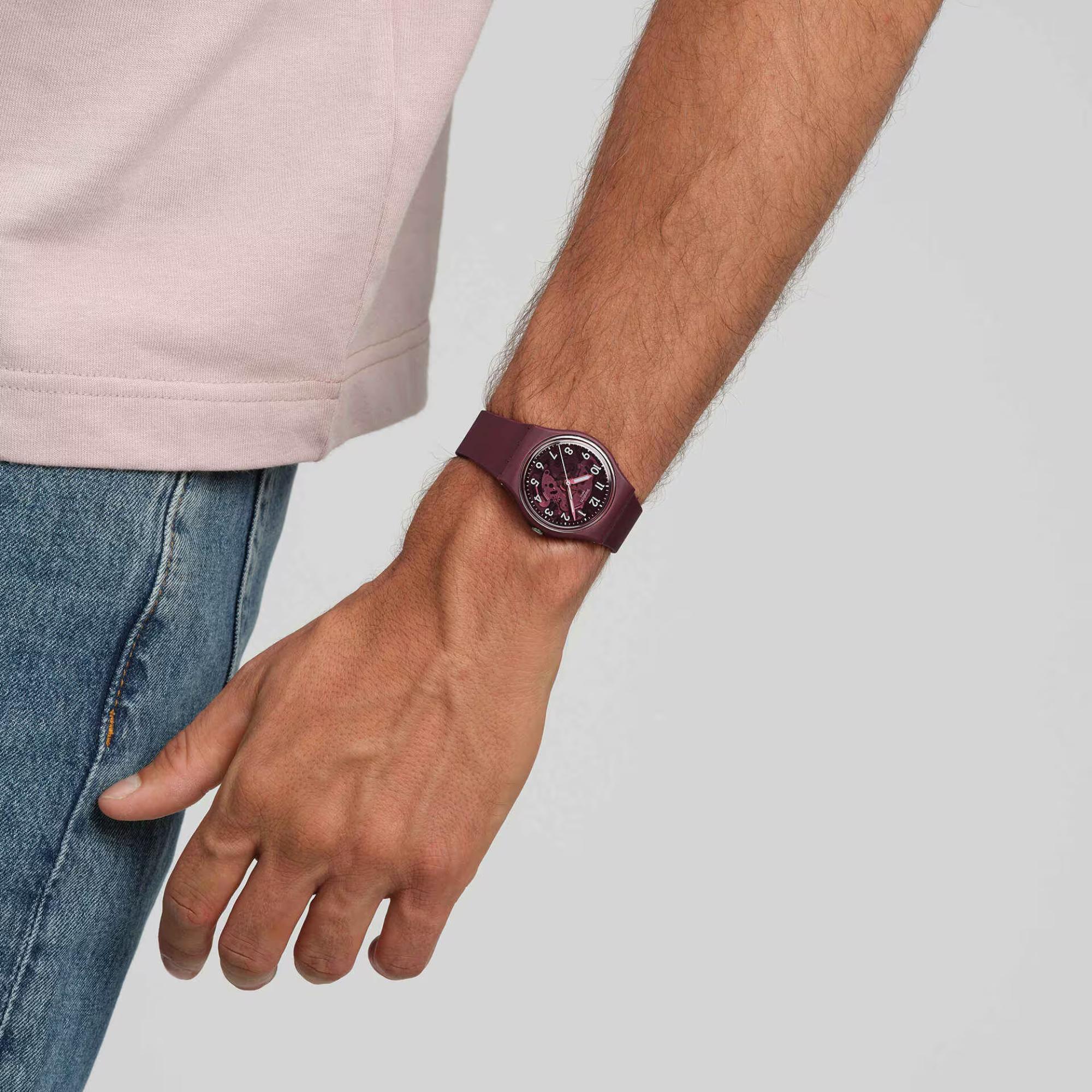 Swatch THRU THE CROWN GLASS Quarz Rotes Zifferblatt Biobasierter Armband Herren Uhr SO28R115