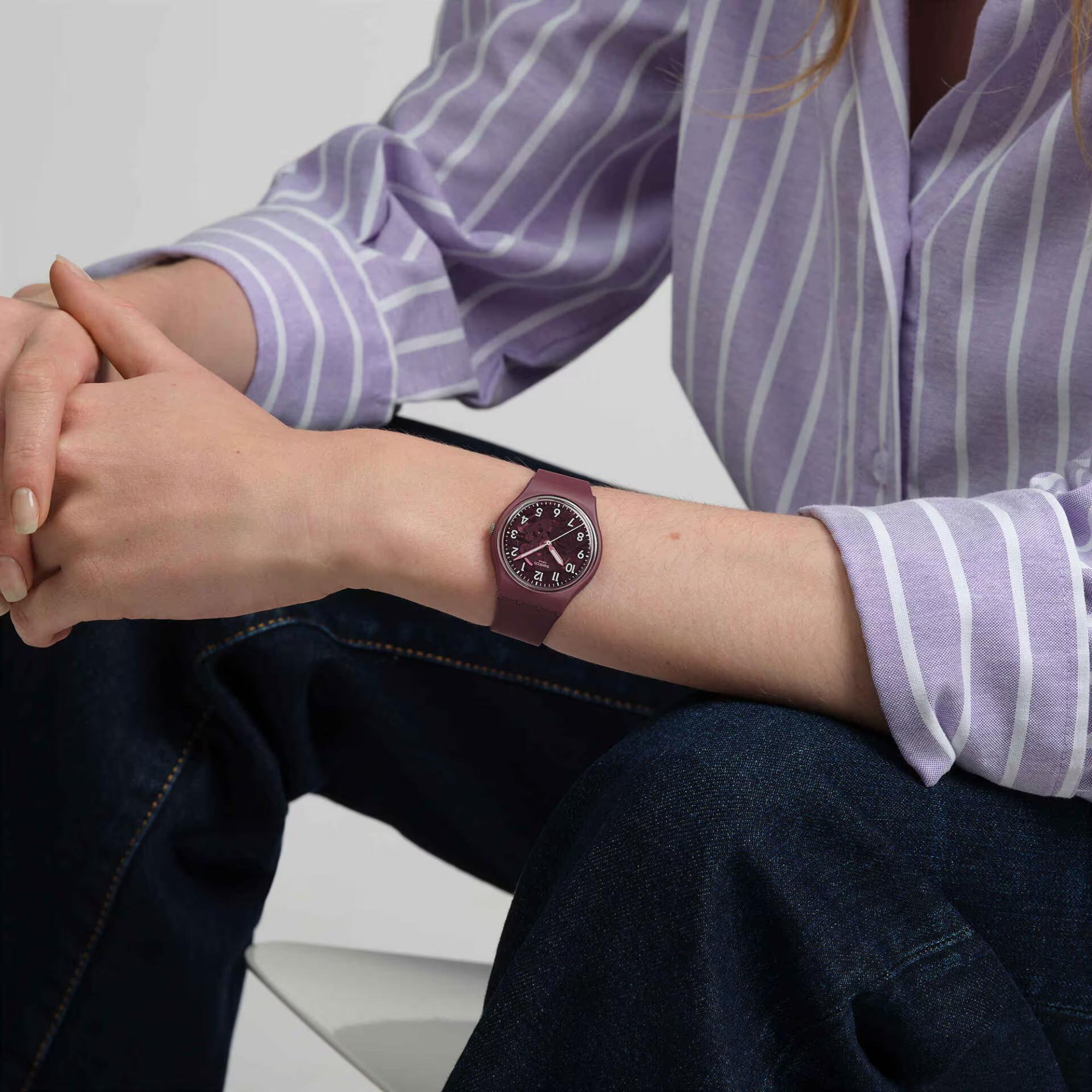 Swatch THRU THE CROWN GLASS Quarz Rotes Zifferblatt Biobasierter Armband Herren Uhr SO28R115