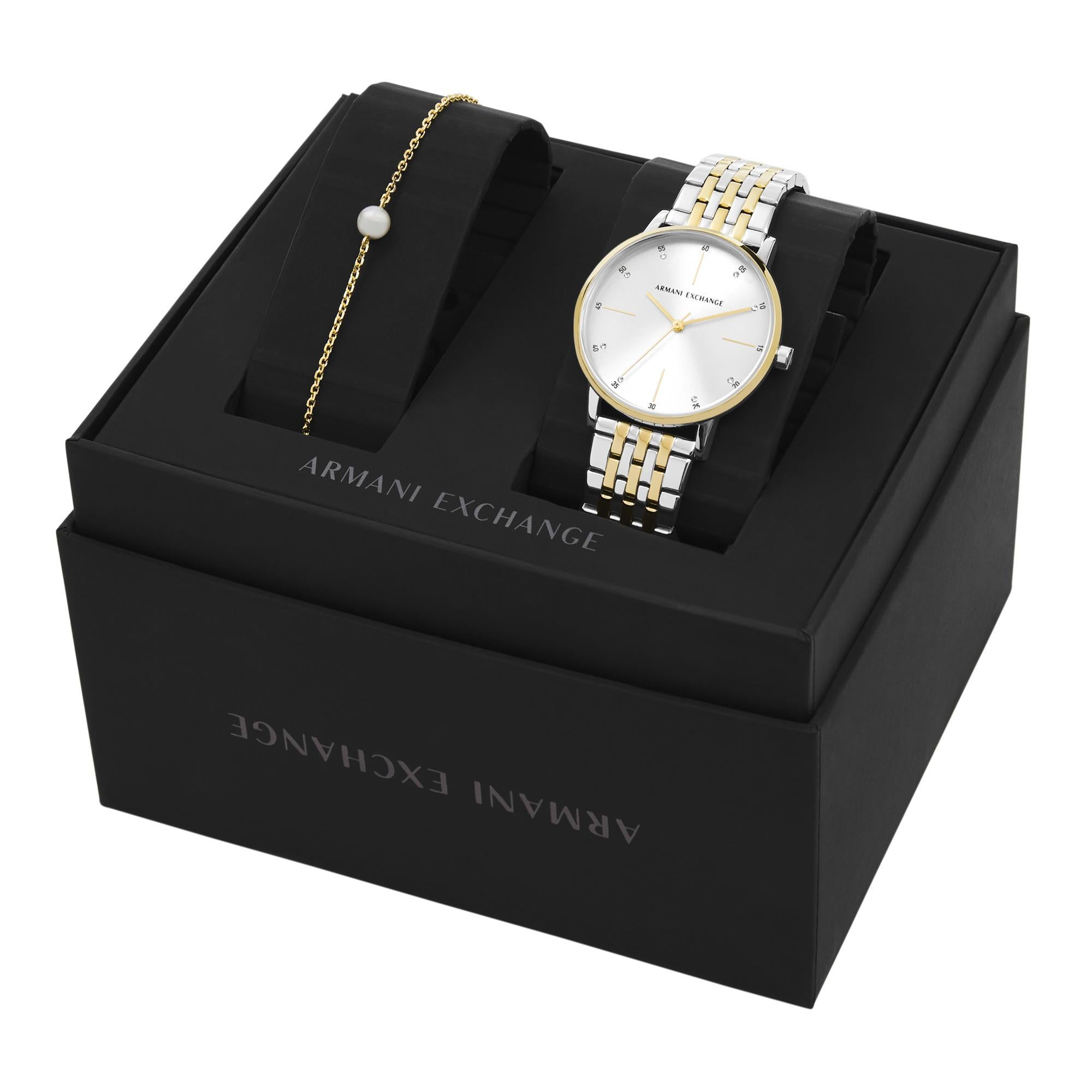 Armani Exchange Lola 36mm Silver Dial Steel Ladies Quartz Watch and Bracelet Set AX7156SET