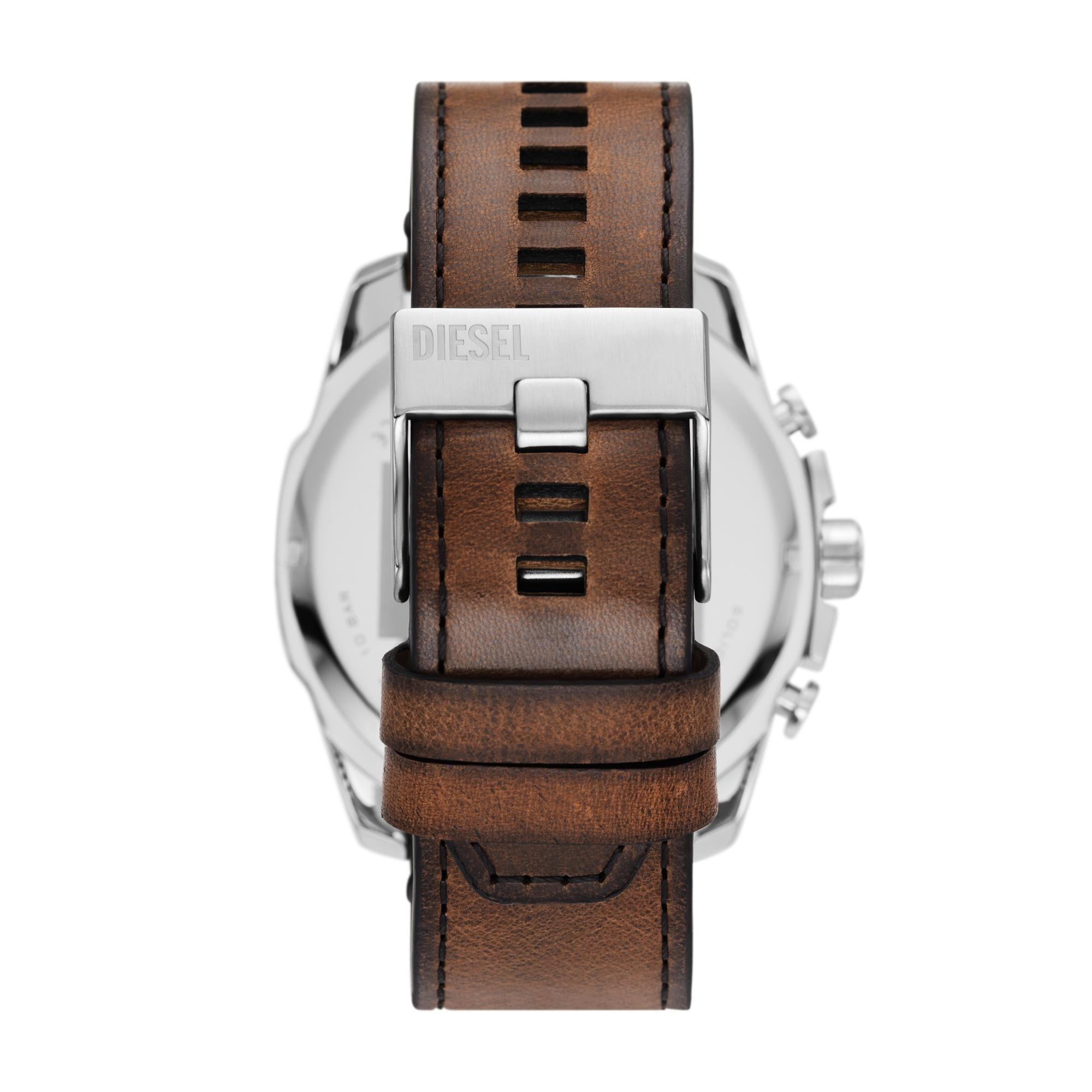 Back view of a Diesel watch with brown leather strap on a white background