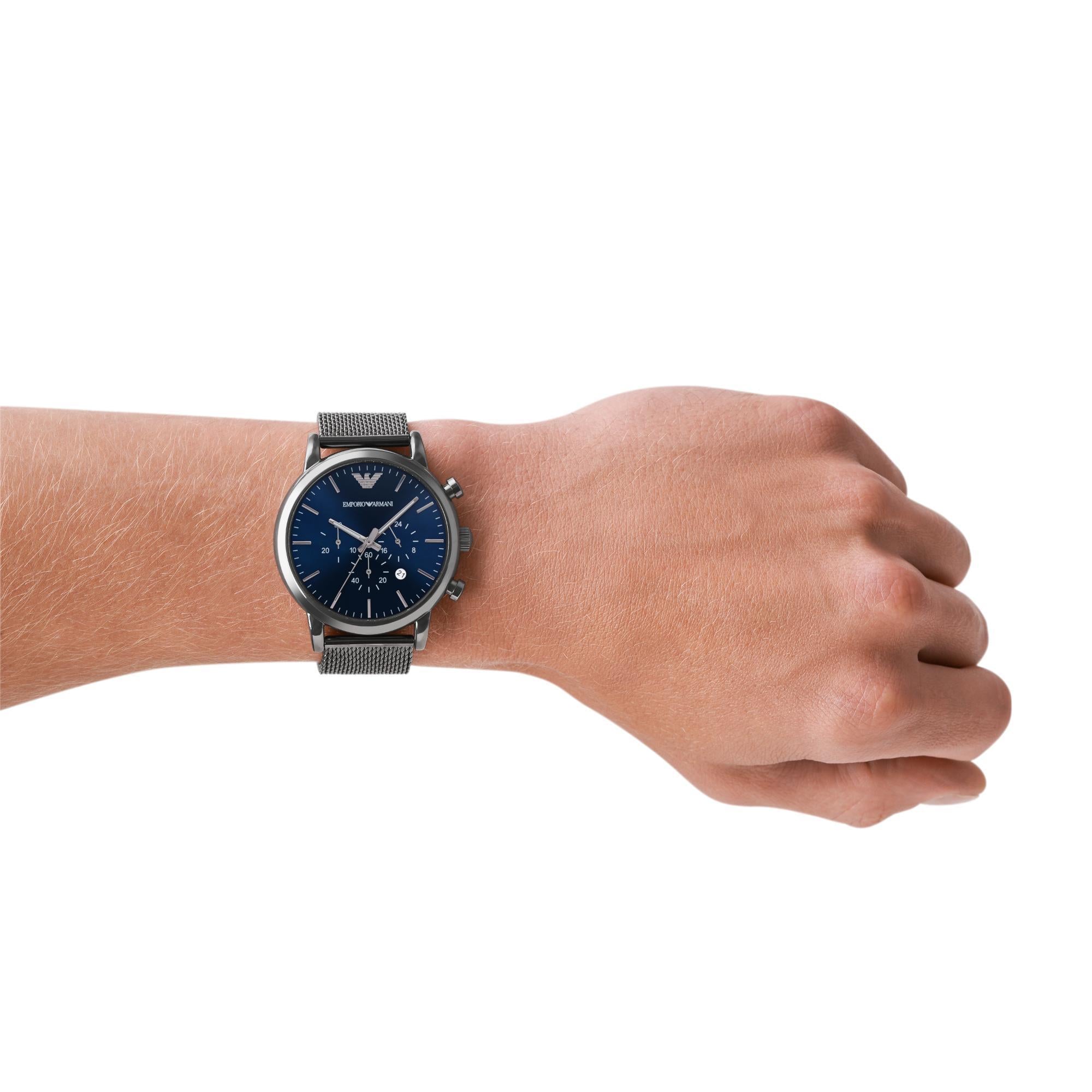 Emporio Armani Gianni T-Bar 46mm Chronograph Blue Dial Steel Mens Quartz Watch AR1979