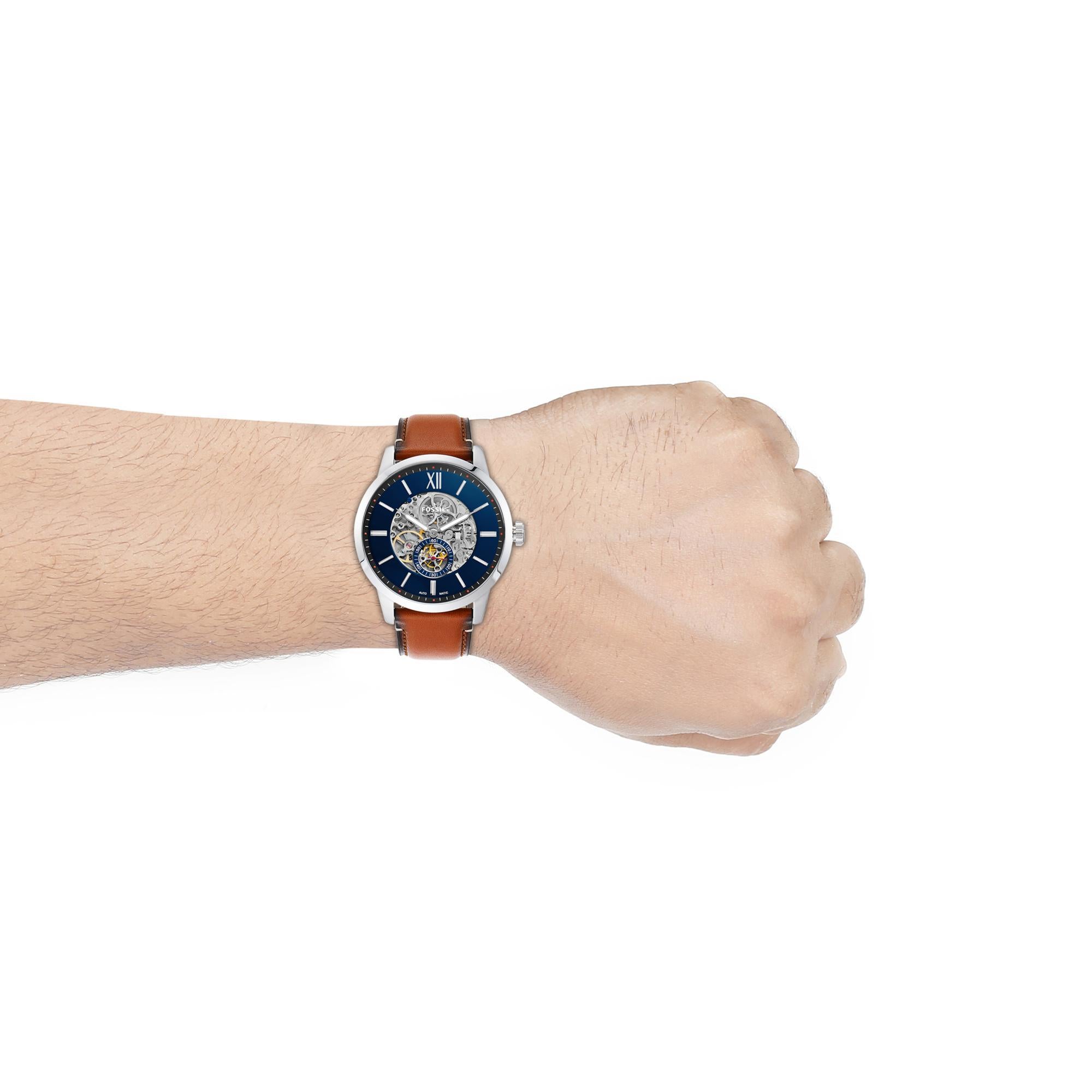Fossil Townsman 48mm Open Heart Blue Dial Leather Mens Automatic Watch ME3154