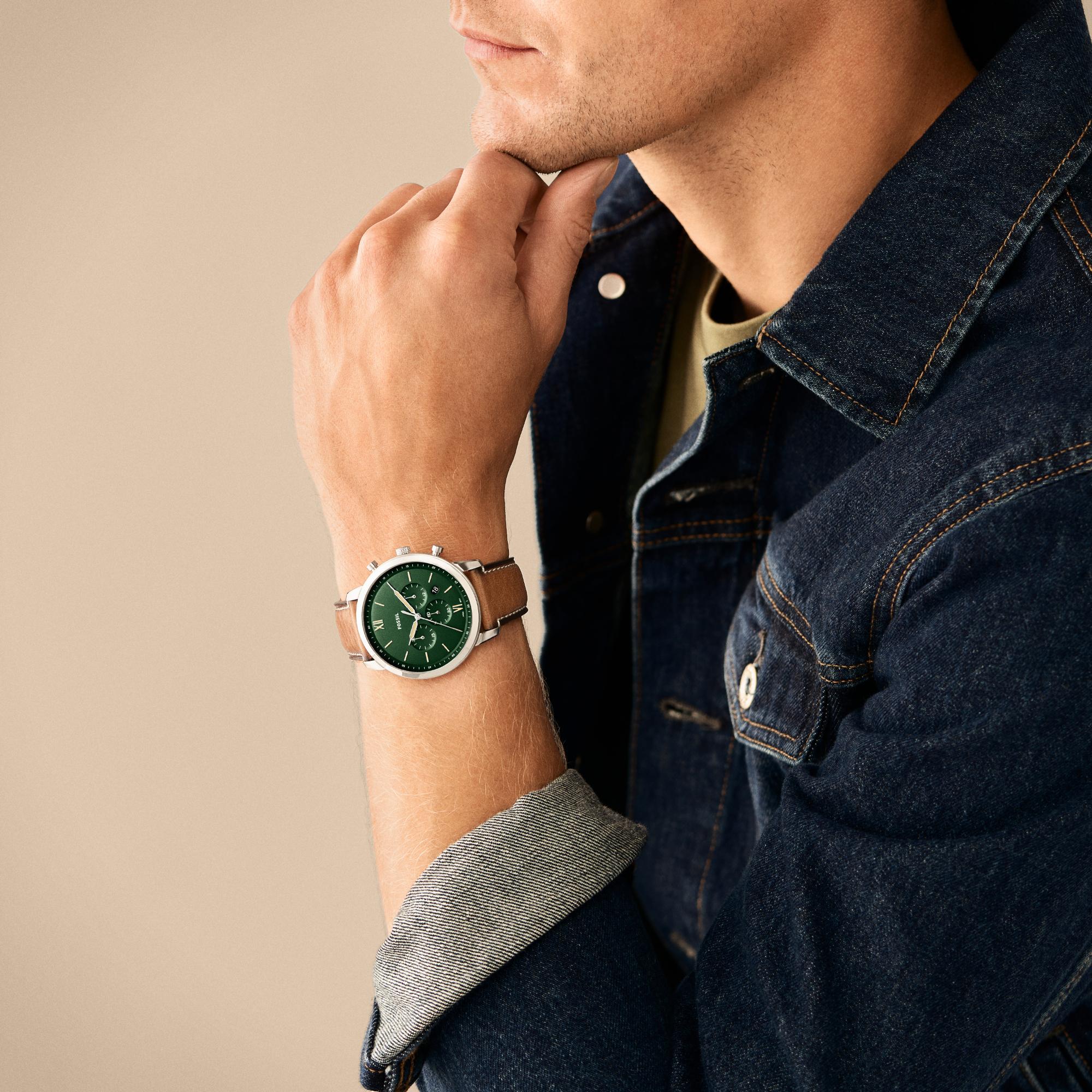 Fossil Neutra 44mm Chronograph Grün Zifferblatt Leder Herren Quarz Uhr FS5963