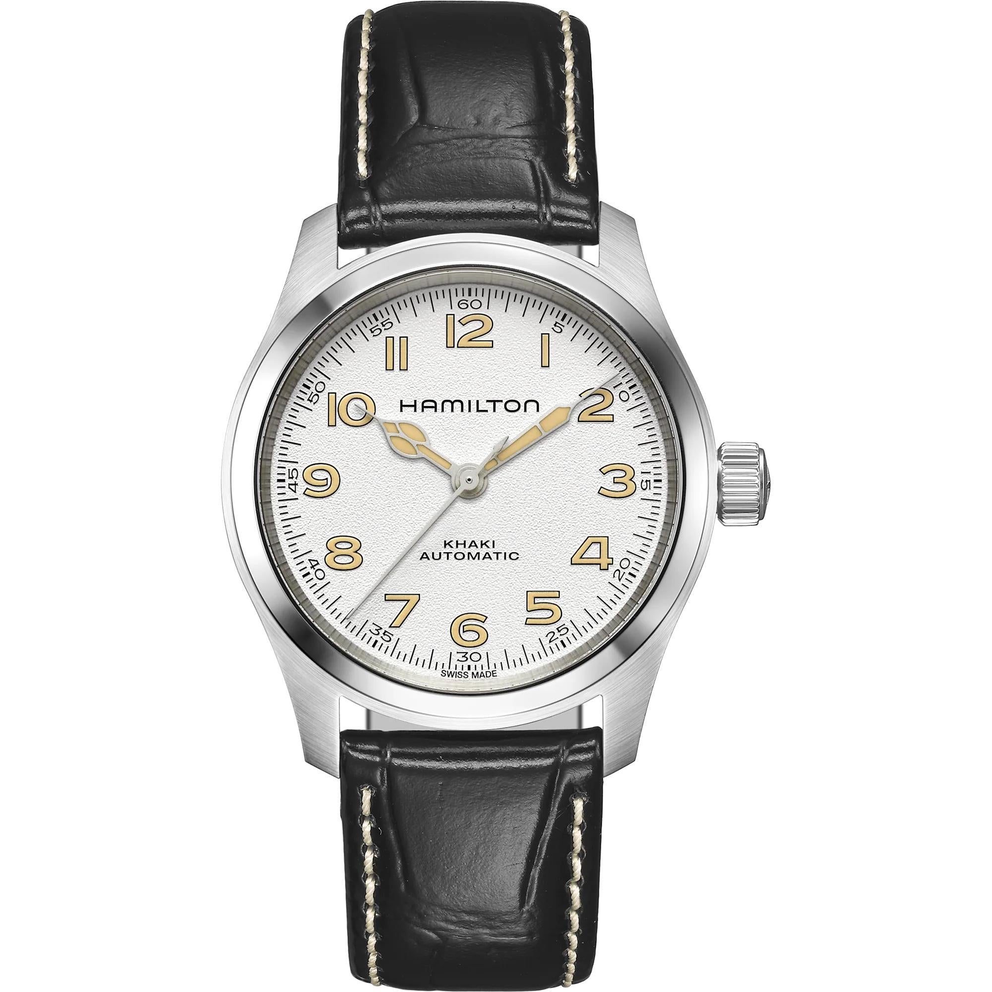 Hamilton Khaki Field 38mm Murph antique-white dial black leather automatic watch H70405710 front view