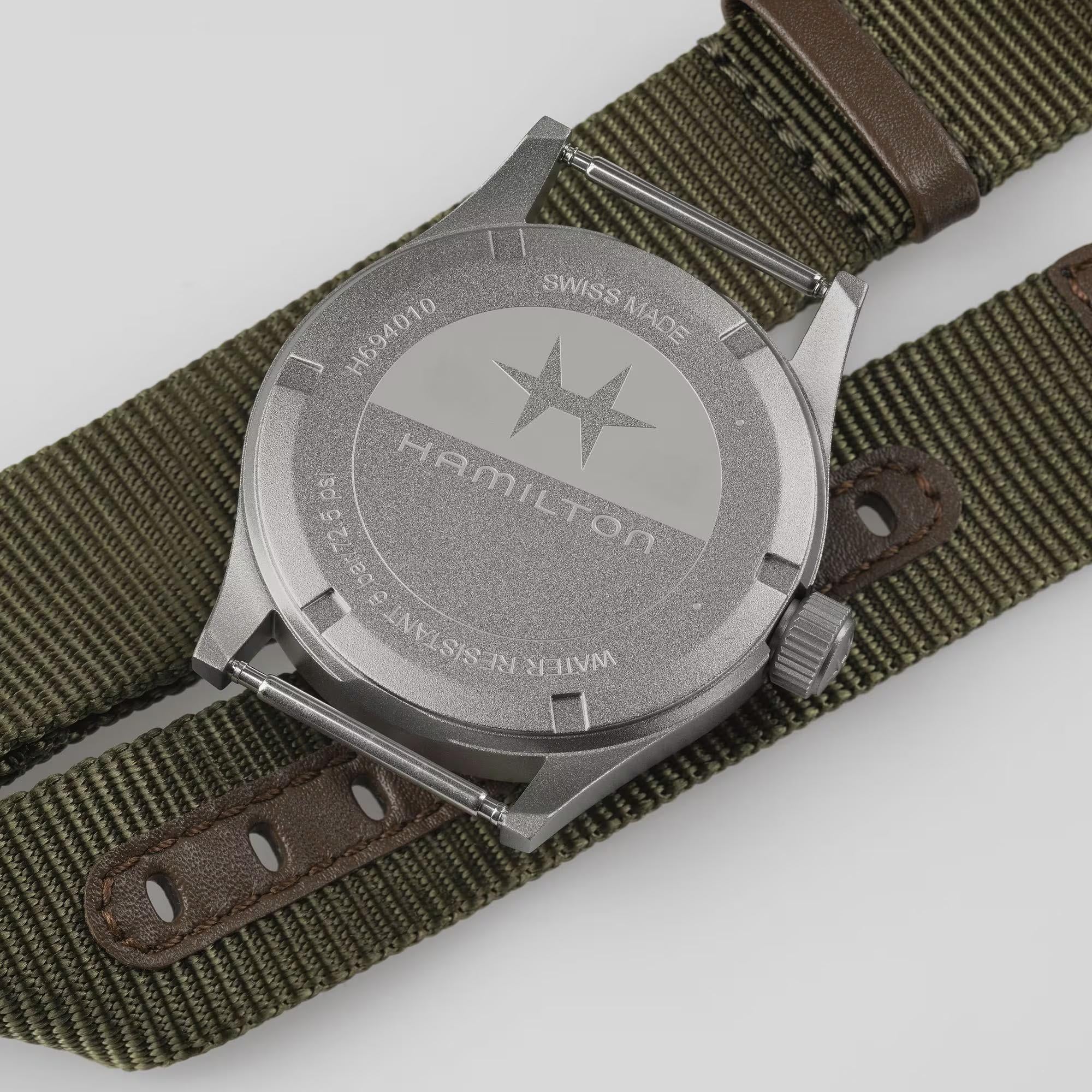 Hamilton Khaki Field H69401910 green NATO strap and case back profile