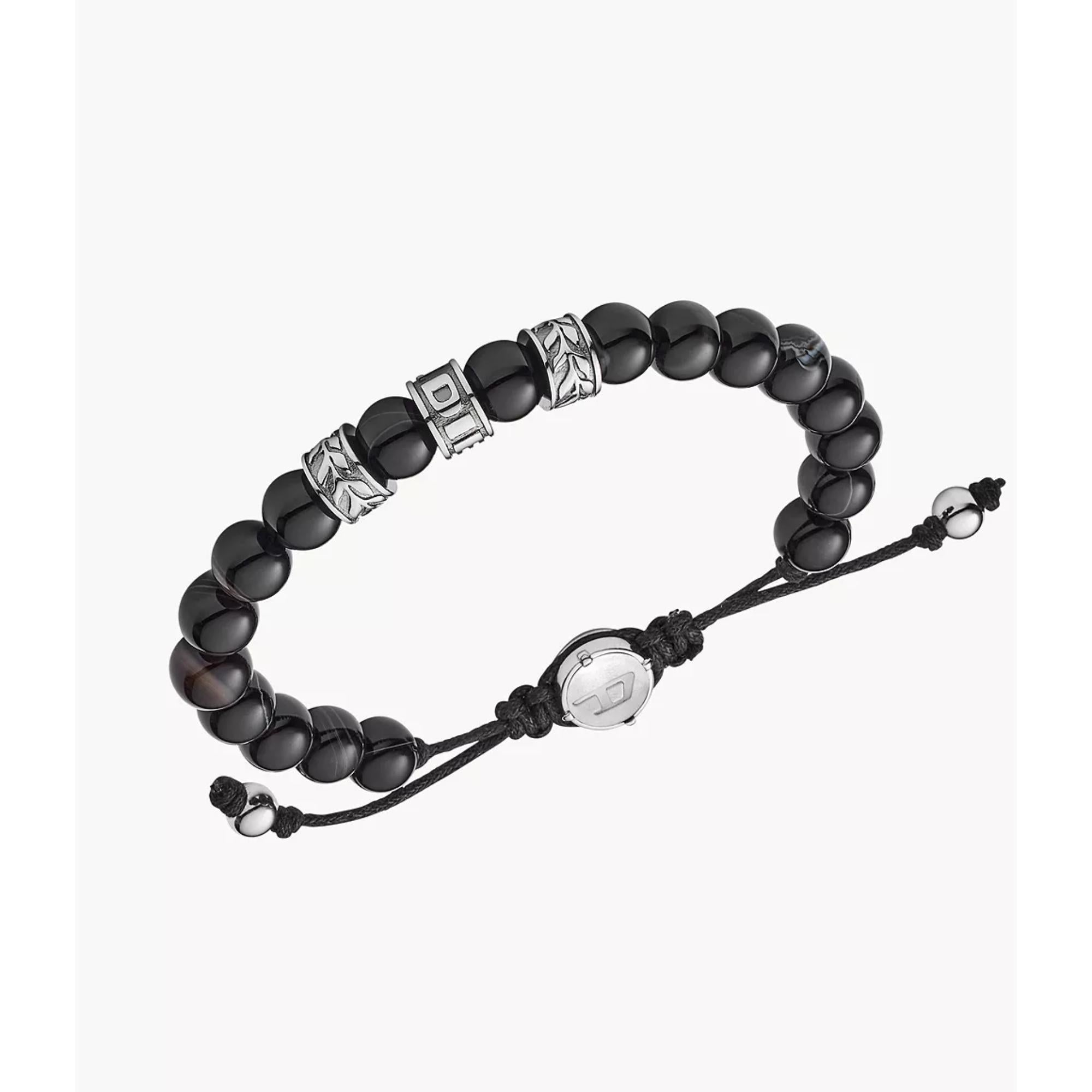 Diesel Edelstahl und schwarzes Linien-Achat Perlen Herrenarmband DX1101040