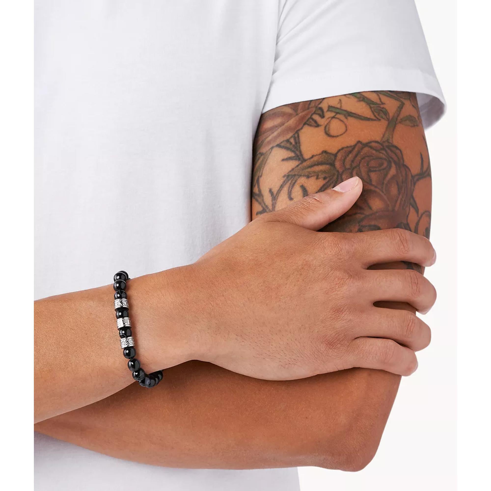 Diesel Stainless Steel and Black Line Agate Bead Men's Bracelet DX1101040