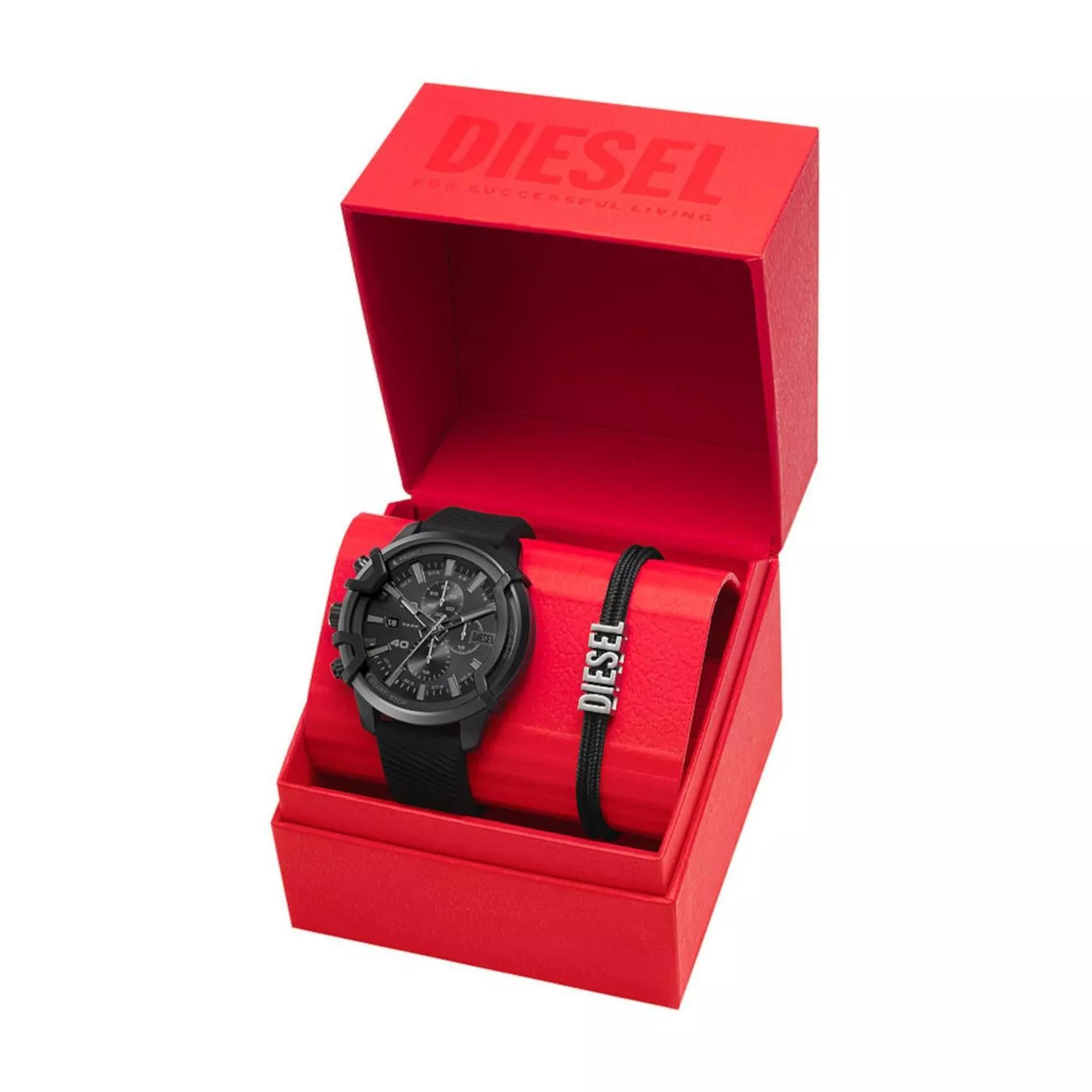 Diesel Griffed 48mm Chronograph Black Dial Silicone Mens Quartz Watch and Bracelet Set DZ4650SET