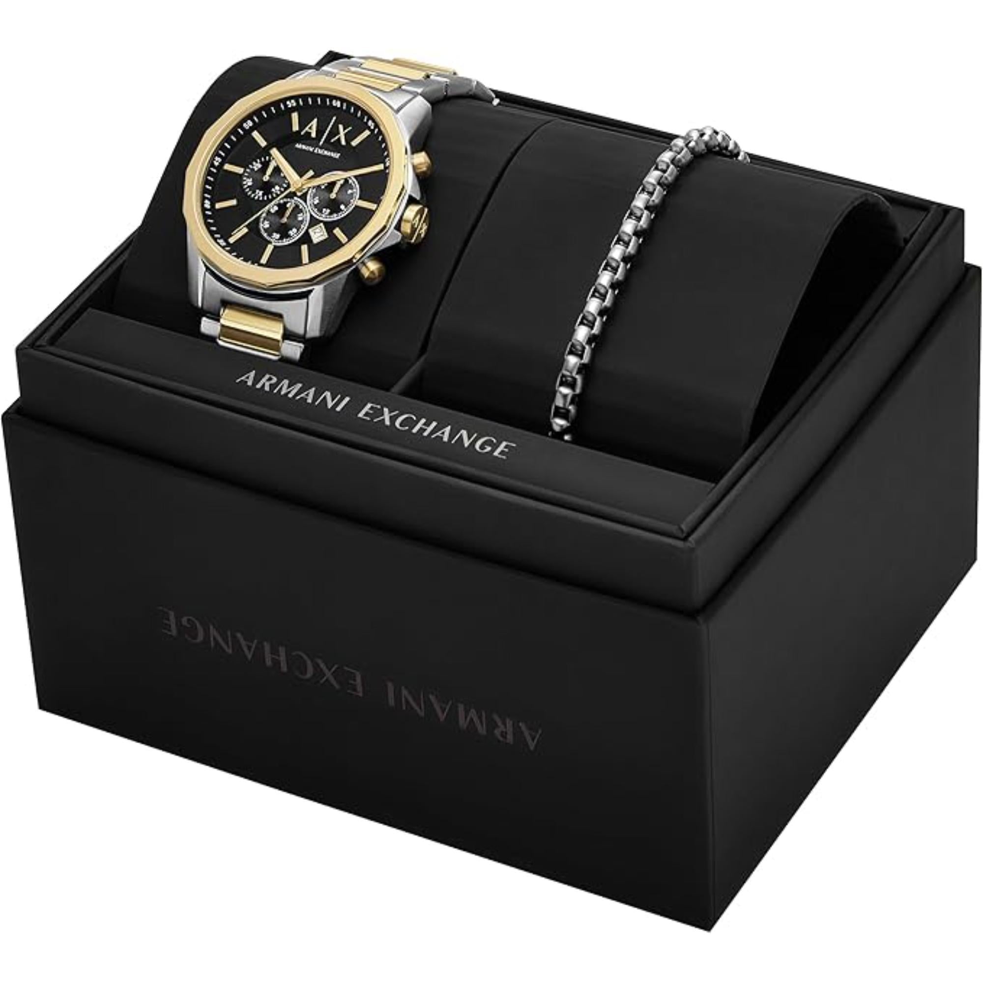 Armani Exchange Banks 44mm Chronograph Black Dial Steel Mens Quarts Watch and Bracelet Set AX7148SET