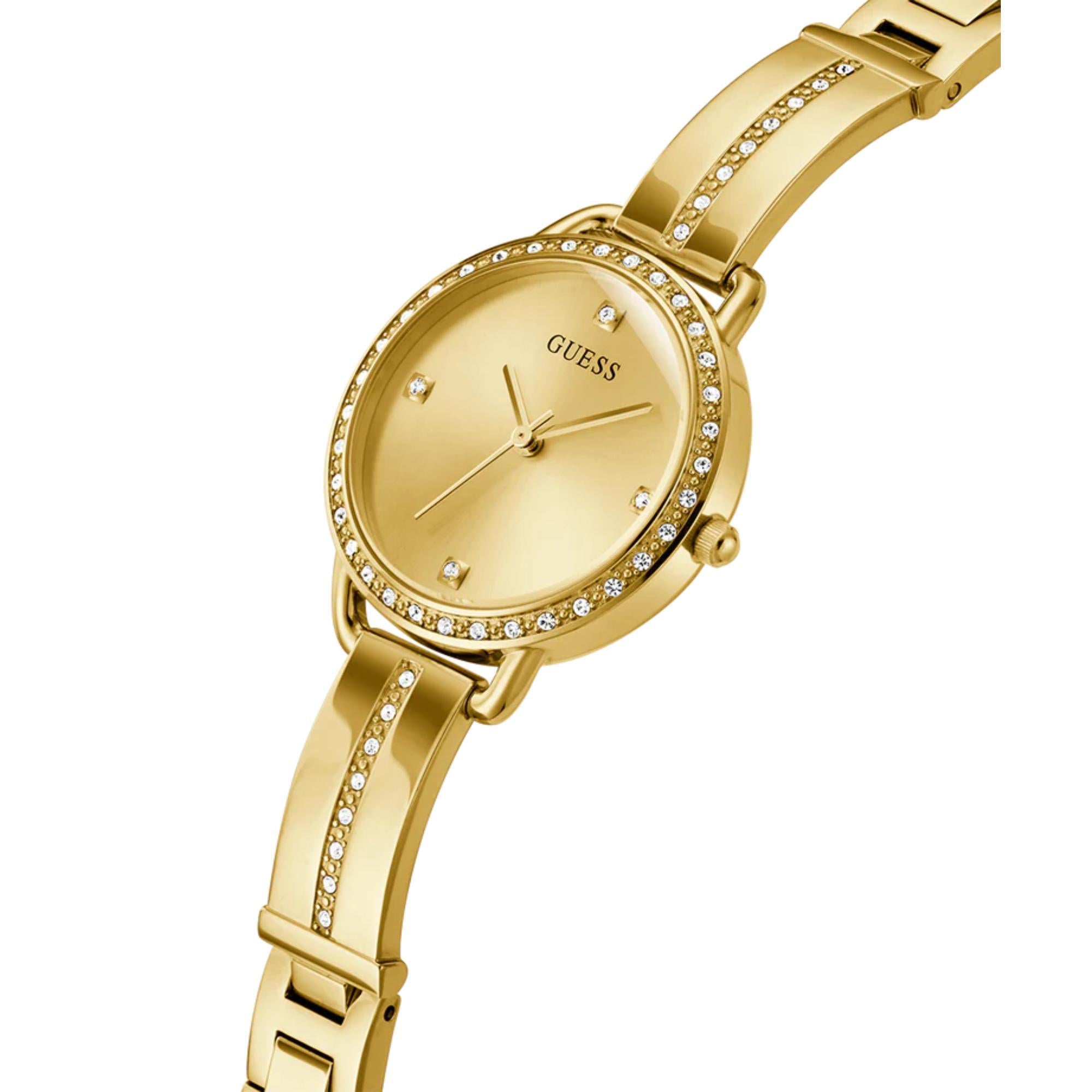 GUESS Damen Goldfarbene Edelstahlarmband Analog Champagner Zifferblatt Uhr GW0022L2