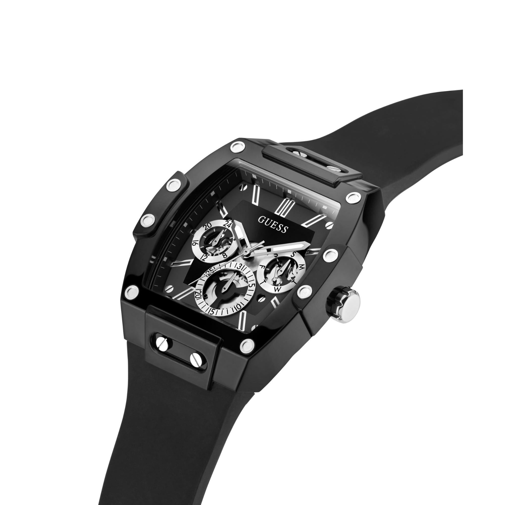 GUESS Multifunktion mit Edelstahlarmband Schwarzes Zifferblatt Herren Uhr GW0203G3