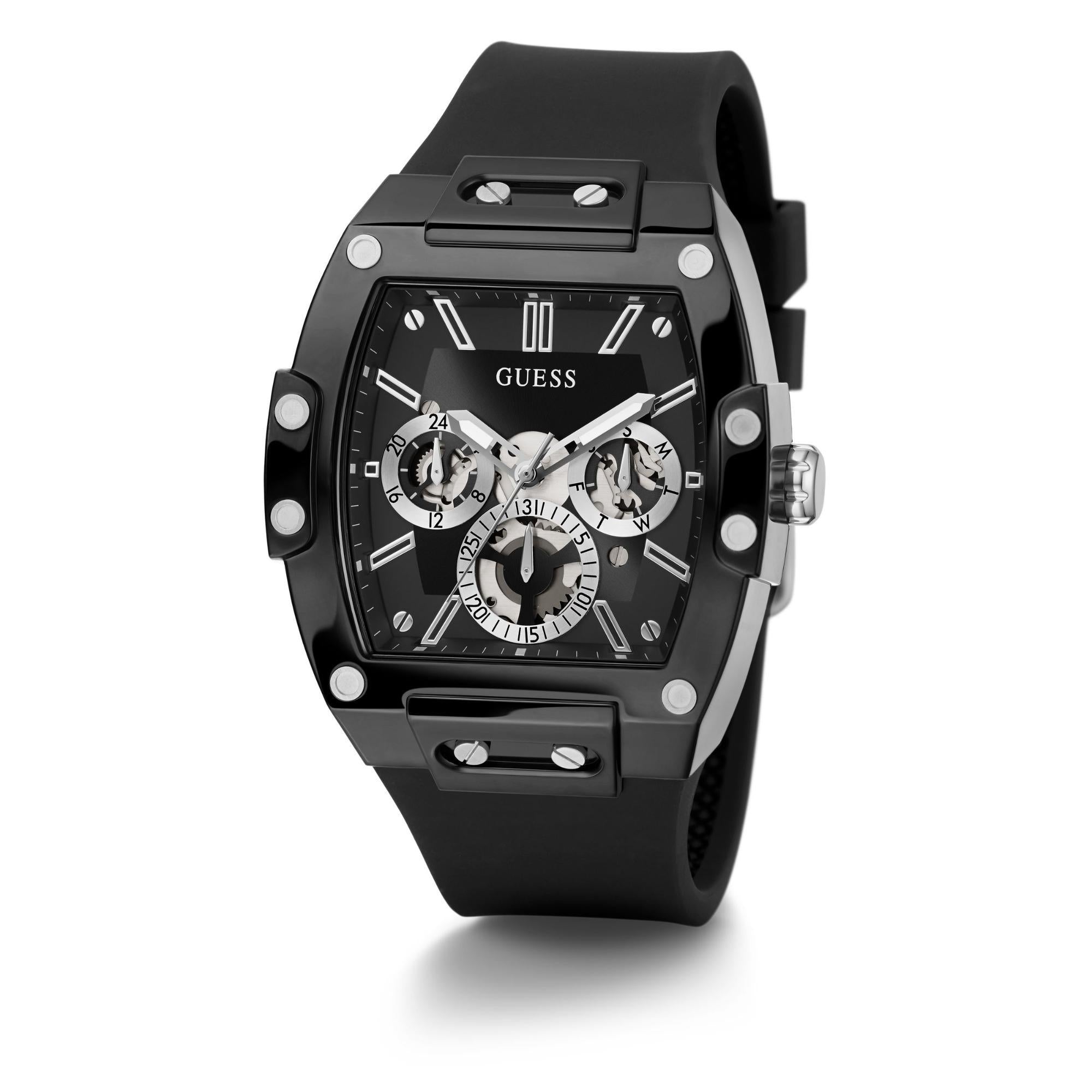 GUESS Multifunktion mit Edelstahlarmband Schwarzes Zifferblatt Herren Uhr GW0203G3