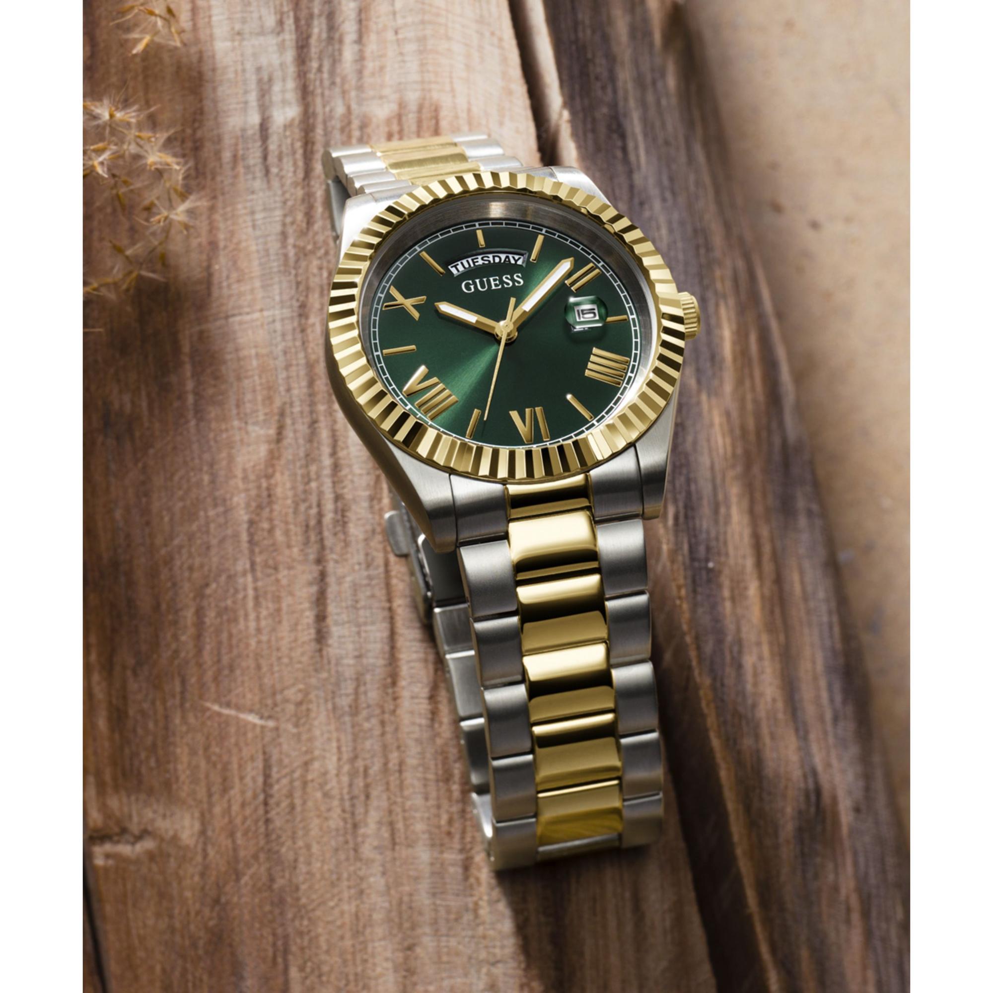 GUESS Men's Two-Tone Day/Date Green Dial Watch with Stainless Steel Strap GW0265G8