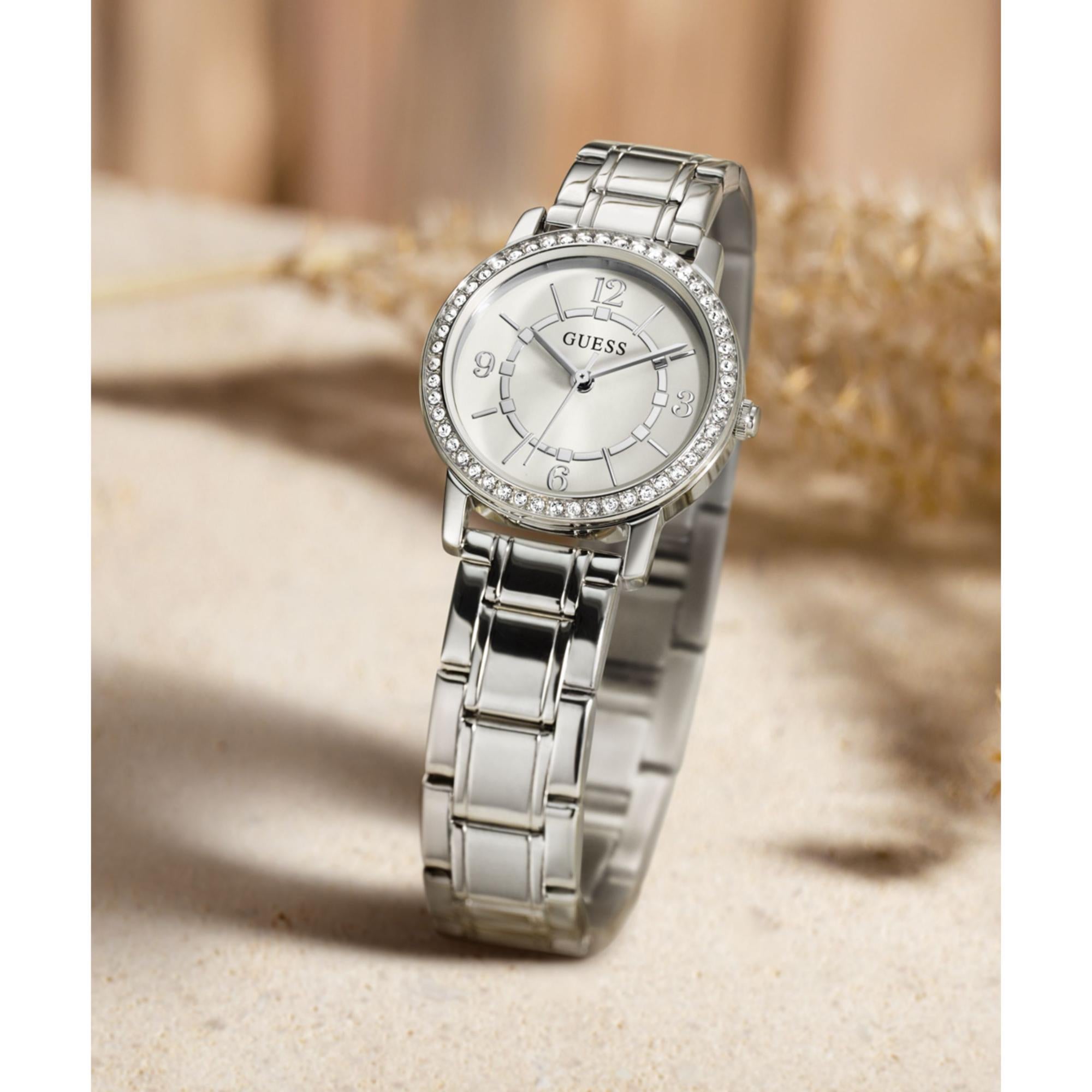 GUESS Ladies Silver Tone Stainless Steel Strap Analog White Dial Watch GW0468L1