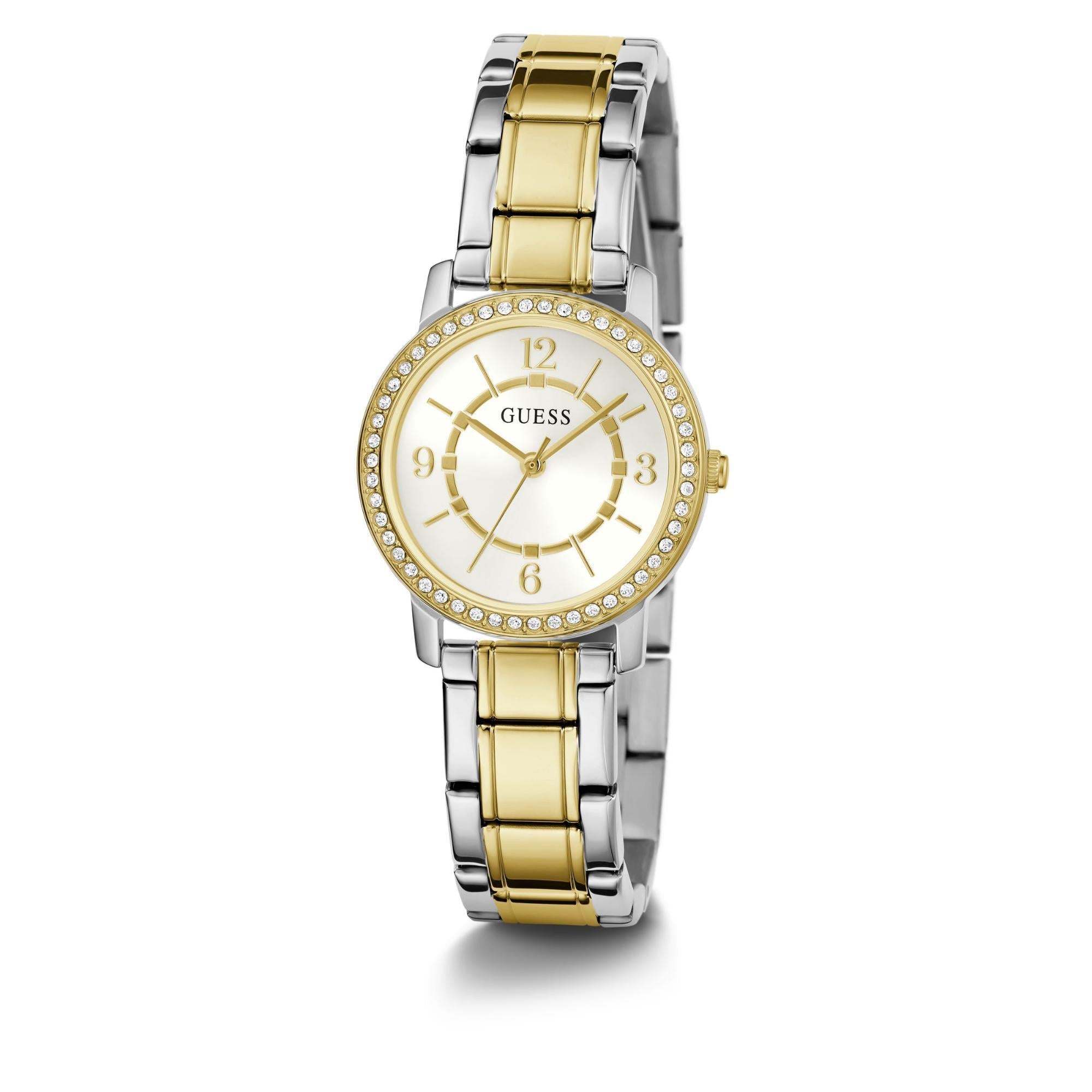 GUESS Ladies Silver/Gold Tone Two-Tone Stainless Steel Strap Analog White Dial Watch GW0468L4
