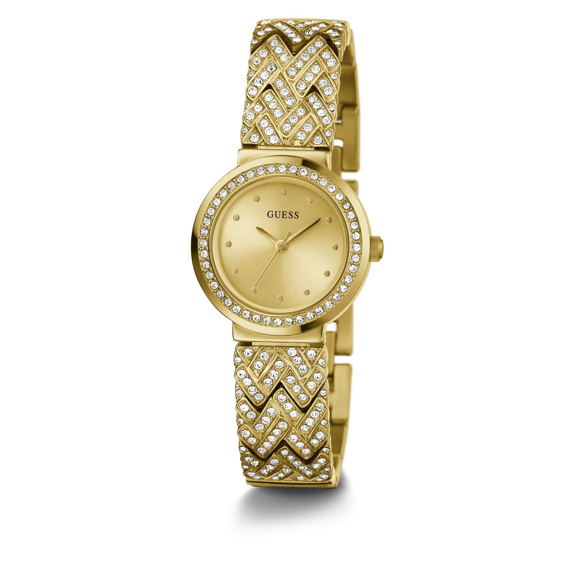 GUESS Damen Goldfarbene Analog Champagner Zifferblatt Uhr mit Edelstahlarmband GW0476L2