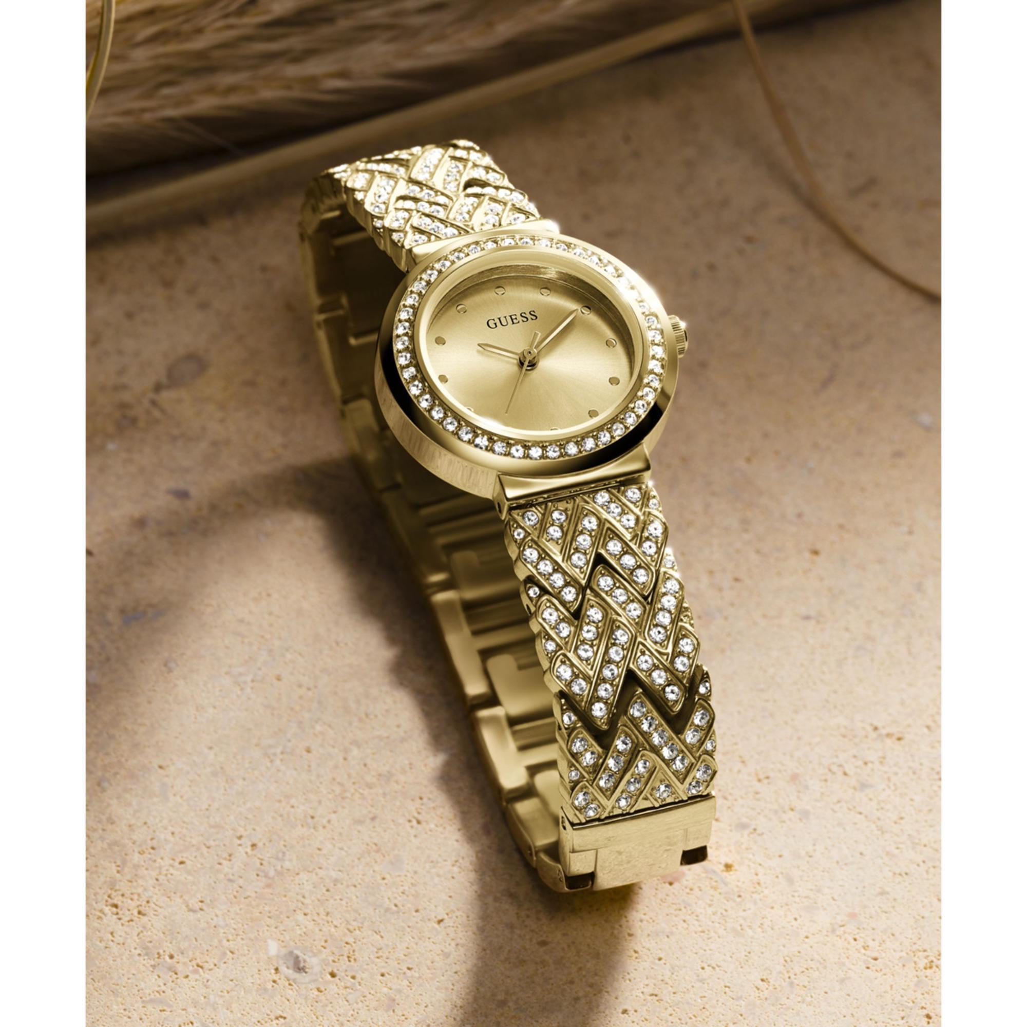 GUESS Damen Goldfarbene Analog Champagner Zifferblatt Uhr mit Edelstahlarmband GW0476L2