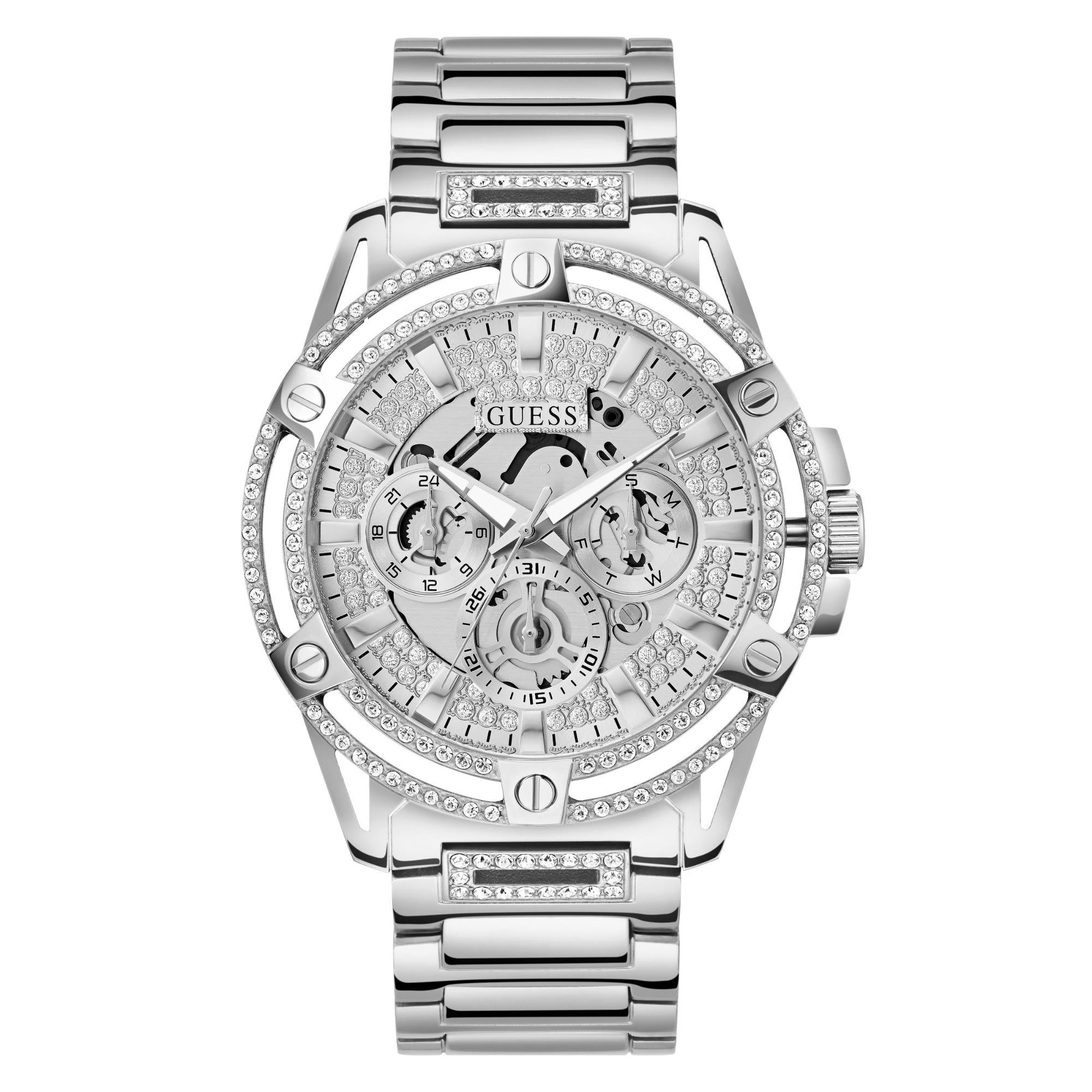 Guess Edelstahl Multifunktion Kristallisiert Tag-Datum Silber Zifferblatt Herren Uhr GW0497G1