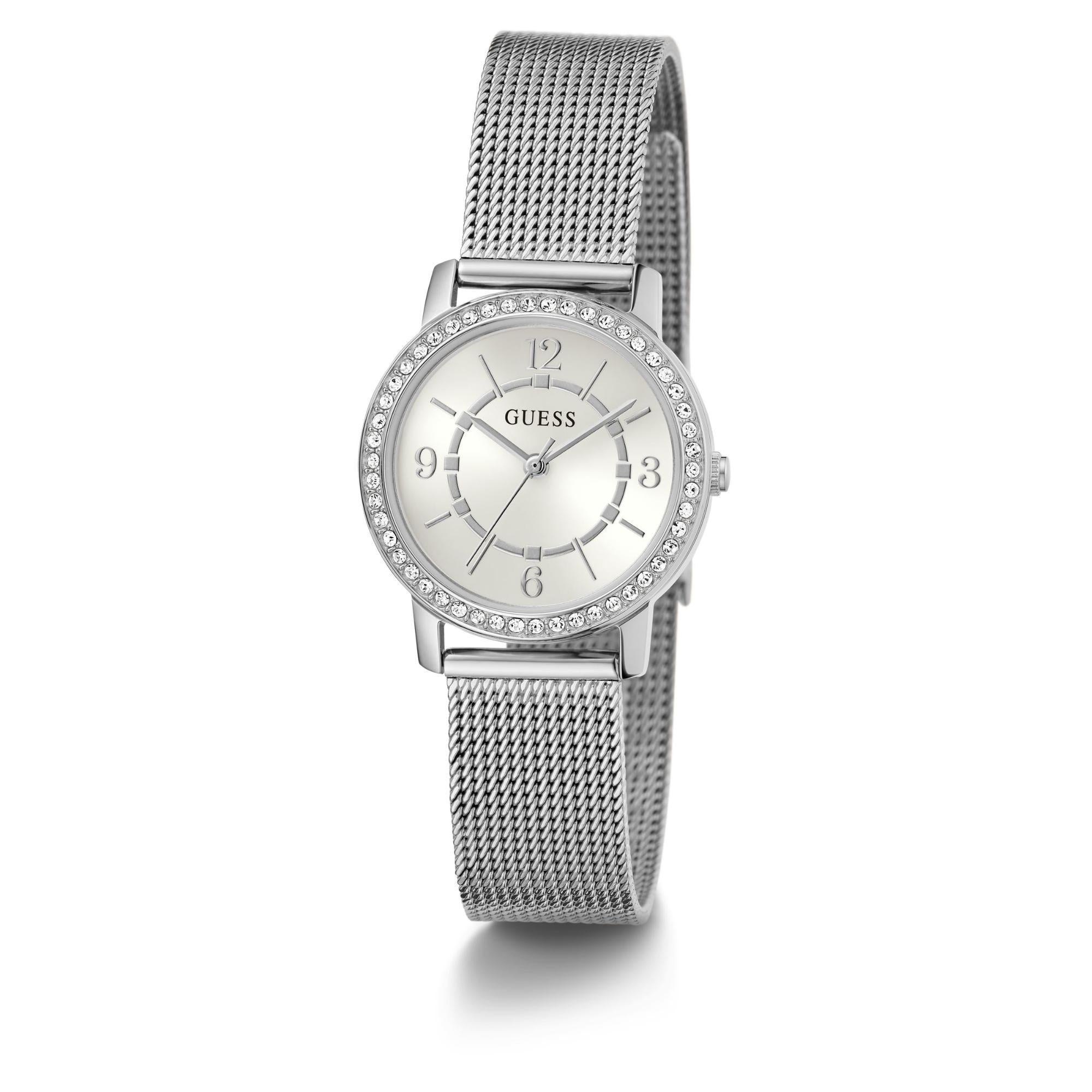 GUESS Silberfarbene Analog Silber Zifferblatt Edelstahlarmband Damen Uhr GW0534L1