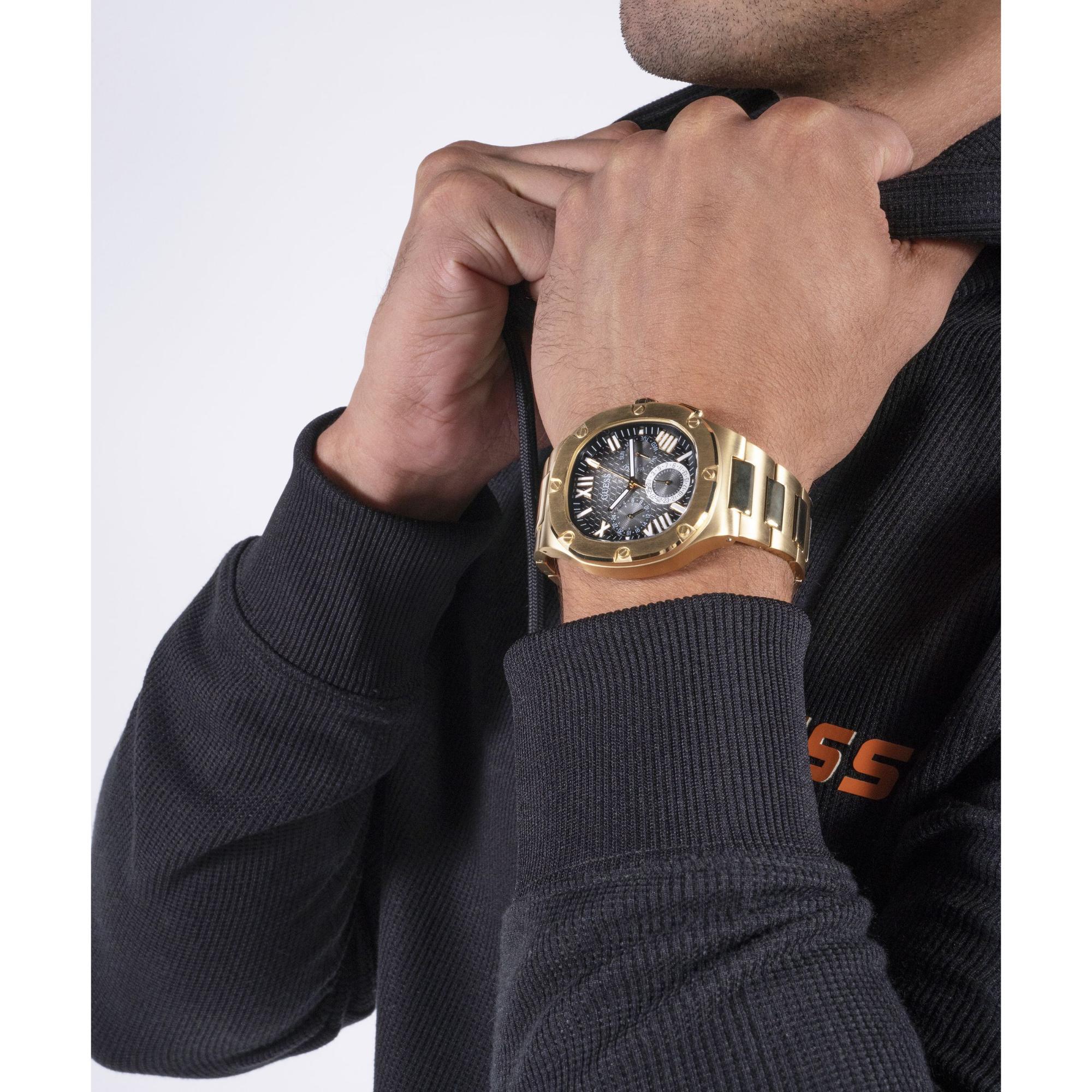 GUESS Gold Tone Multi-Function Black Dial Steel Strap Men's Watch GW0572G2