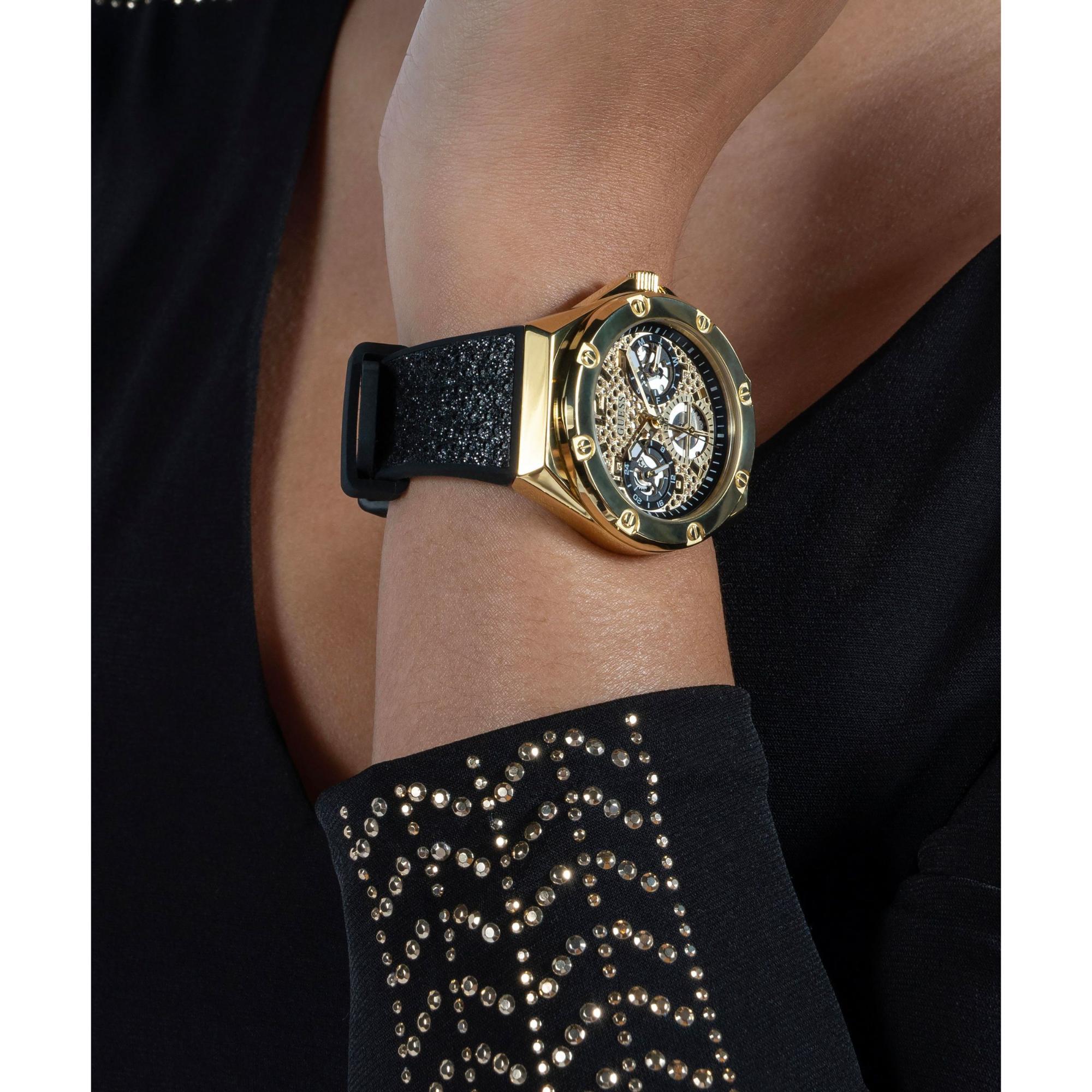 GUESS Asteria Gold Tone with Crystal-Embellished Dial Silicone Strap Ladies Watch GW0620L2