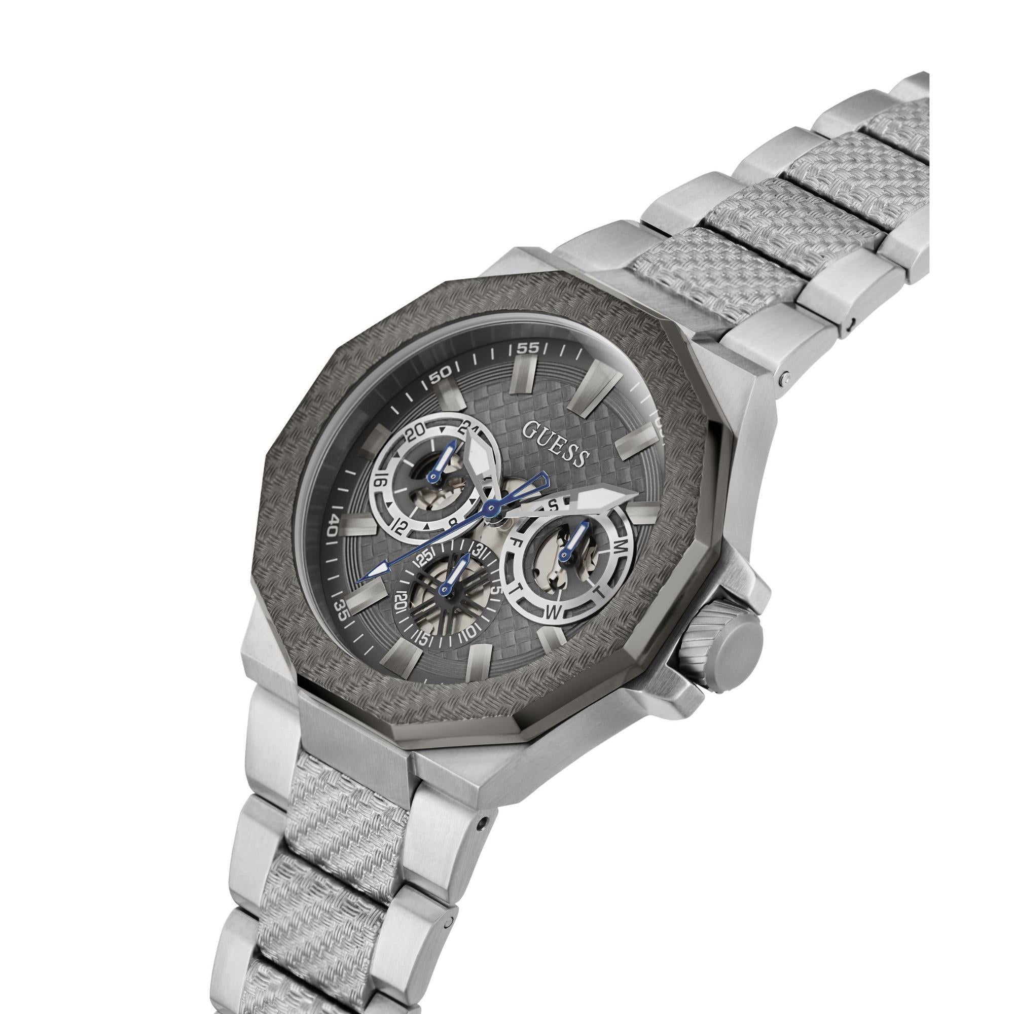 GUESS Herrenarmbanduhr mit silberfarbener Lünette, Multifunktion, graues Zifferblatt, Stahlarmband GW0636G1