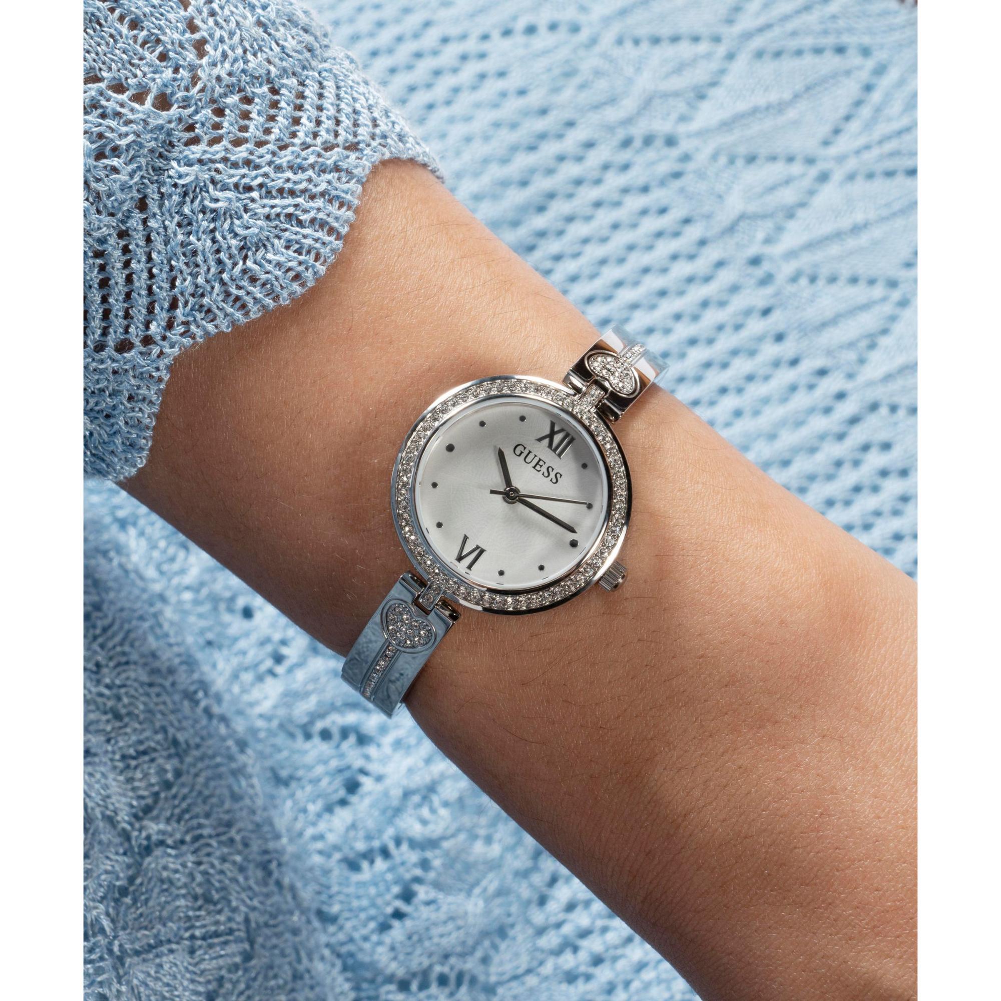 GUESS Ladies Silver Tone Analog Stainless Steel White Dial Watch GW0655L1