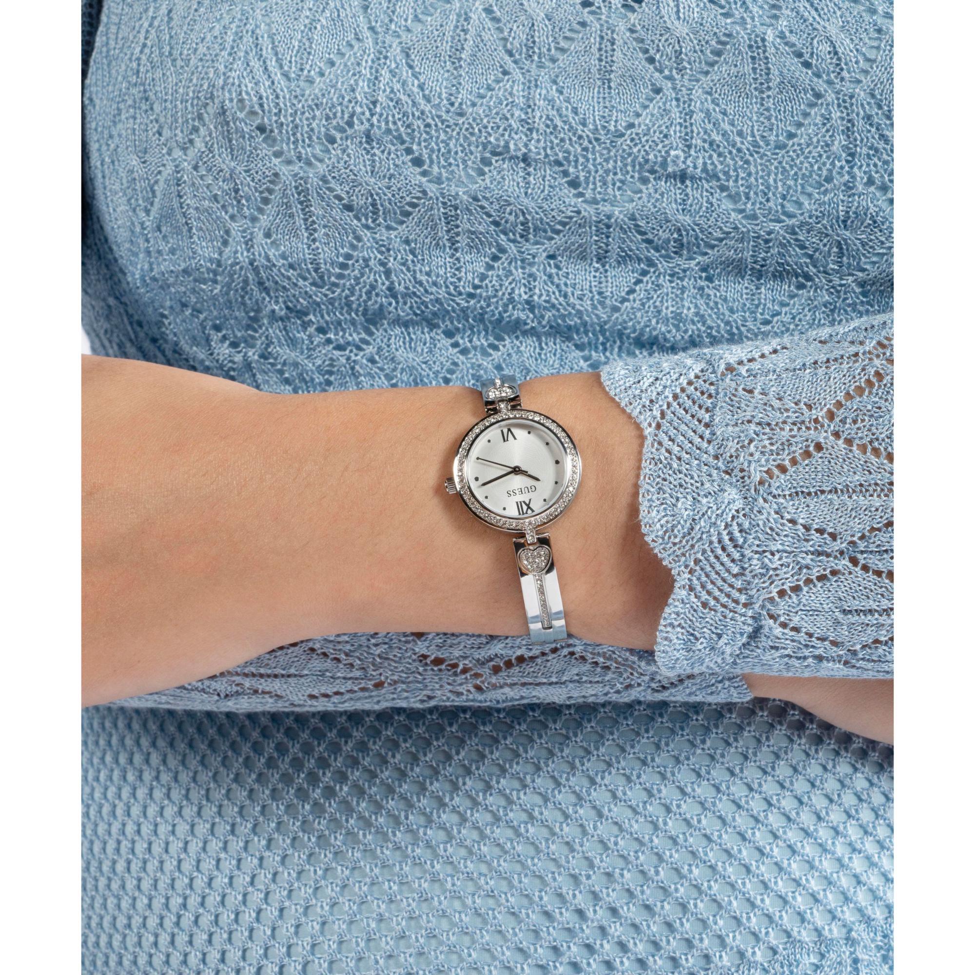 GUESS Ladies Silver Tone Analog Stainless Steel White Dial Watch GW0655L1
